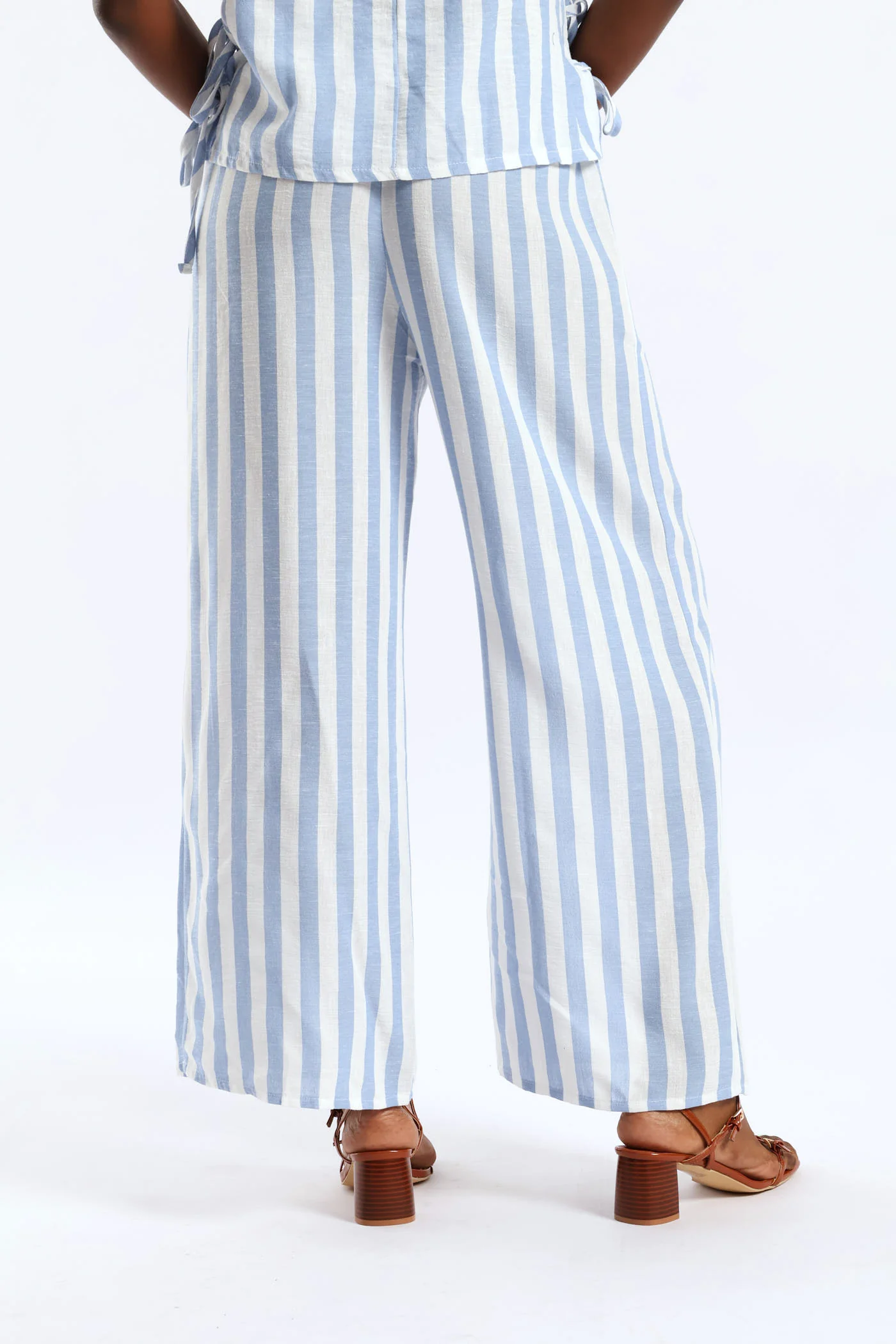 Pull-On Linen Wideleg Pants - White/Light Blue - Image 8