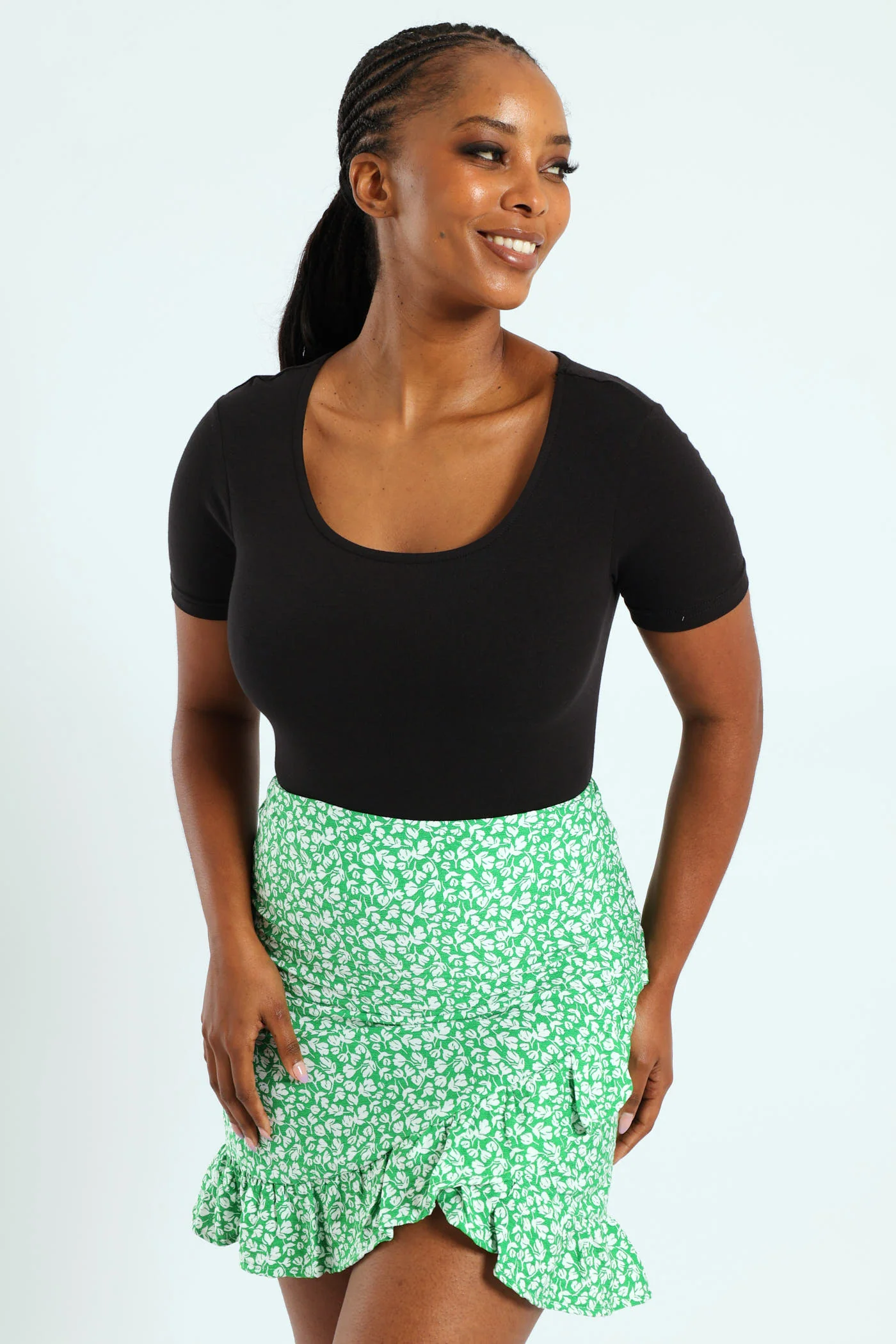 Pull-On Mock Wrap Frill Hem Mini Skirt - White/Green - Image 6