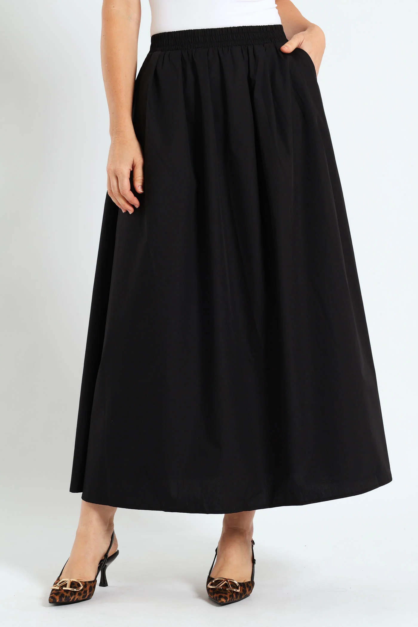 Pull-On Poplin Midi Skirt - Black - Image 2