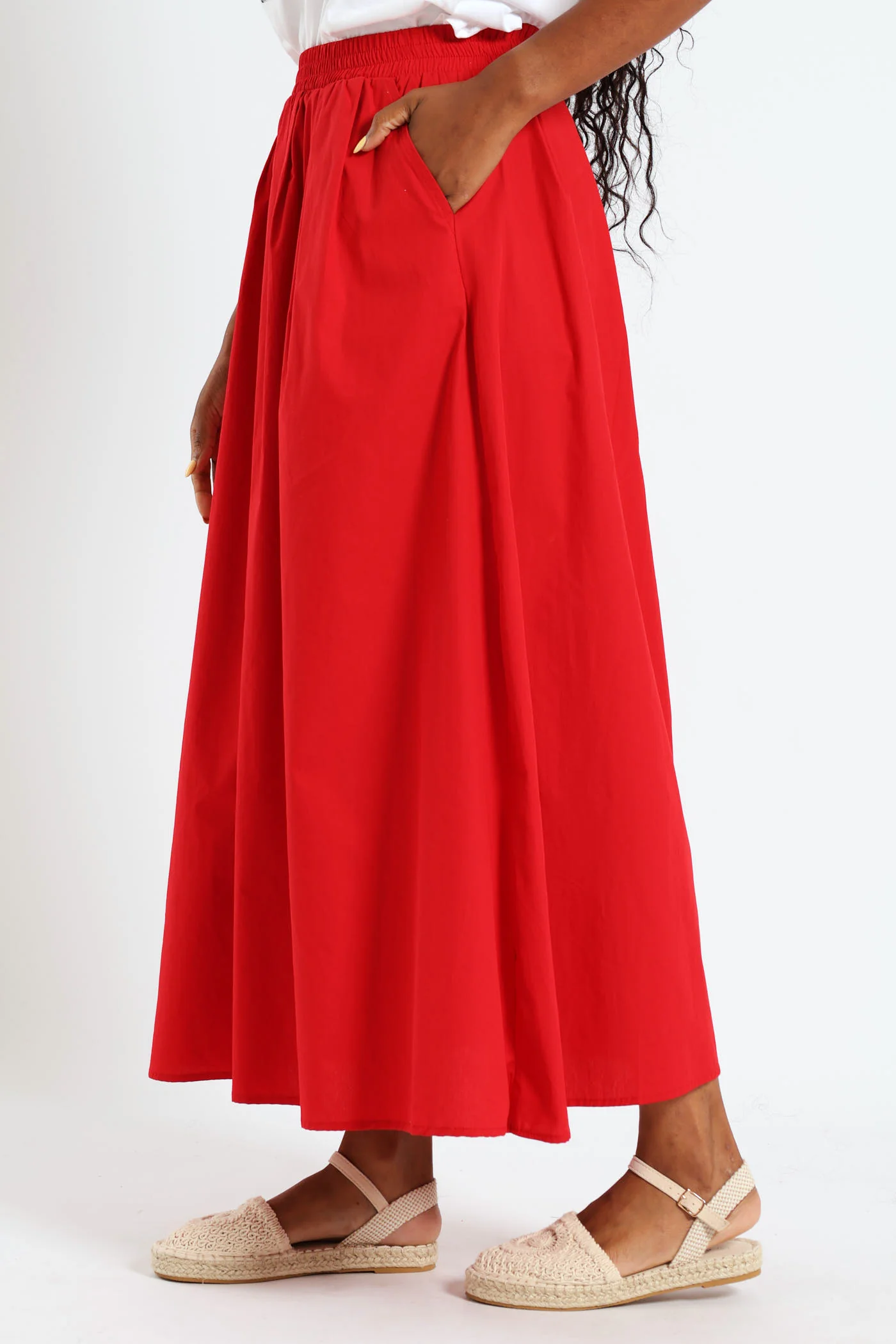 Pull On Poplin Midi Skirt - Red - Image 2