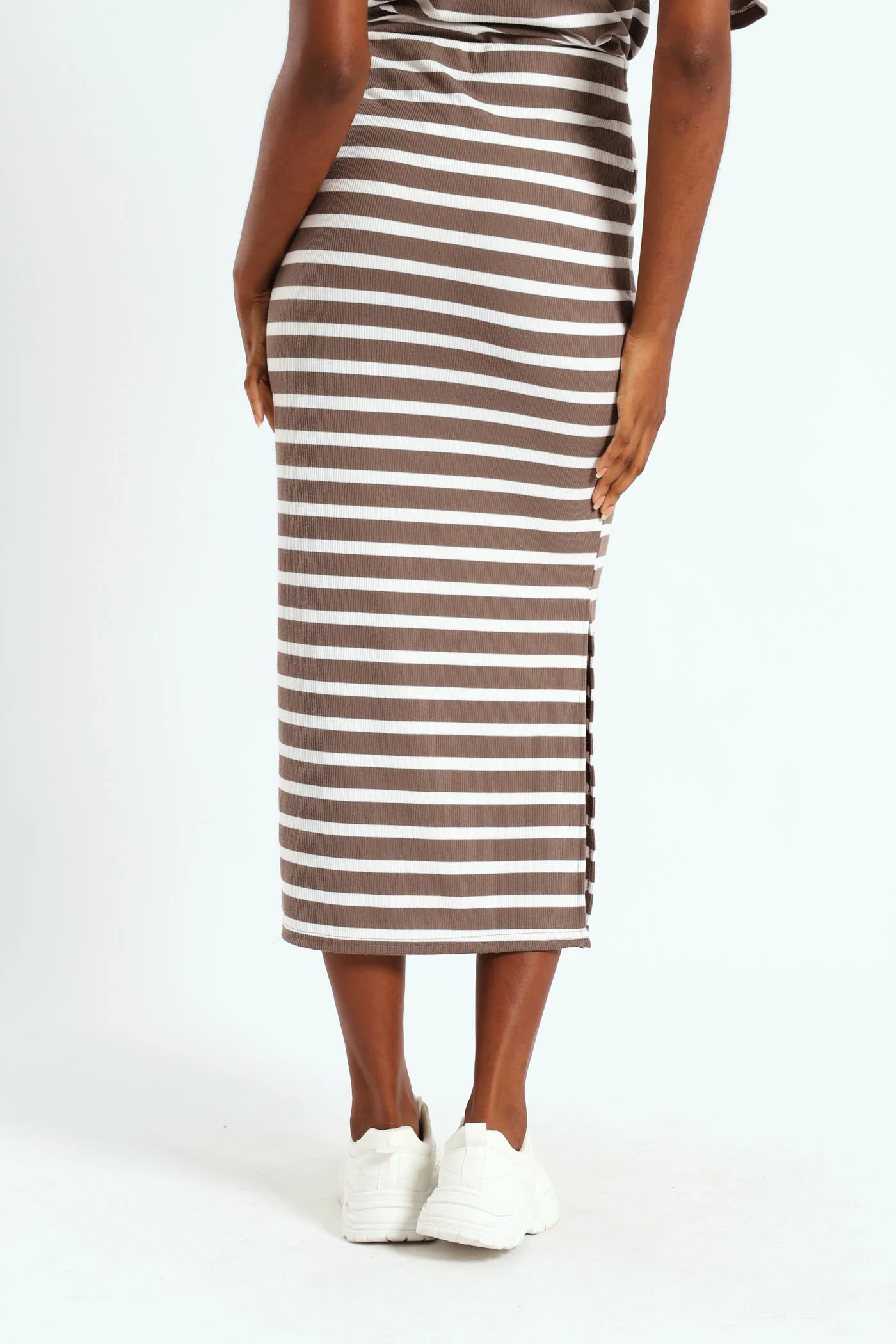 Pull On Ribbed Stripe Tube Midi Skirt - Beige/Mocha - Image 3