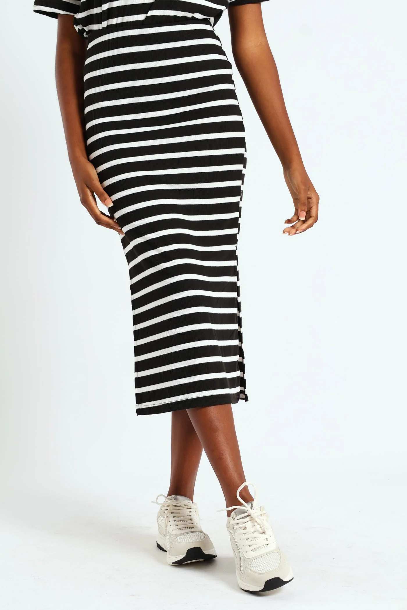 Pull On Ribbed Stripe Tube Midi Skirt - Black/Cream - Image 2