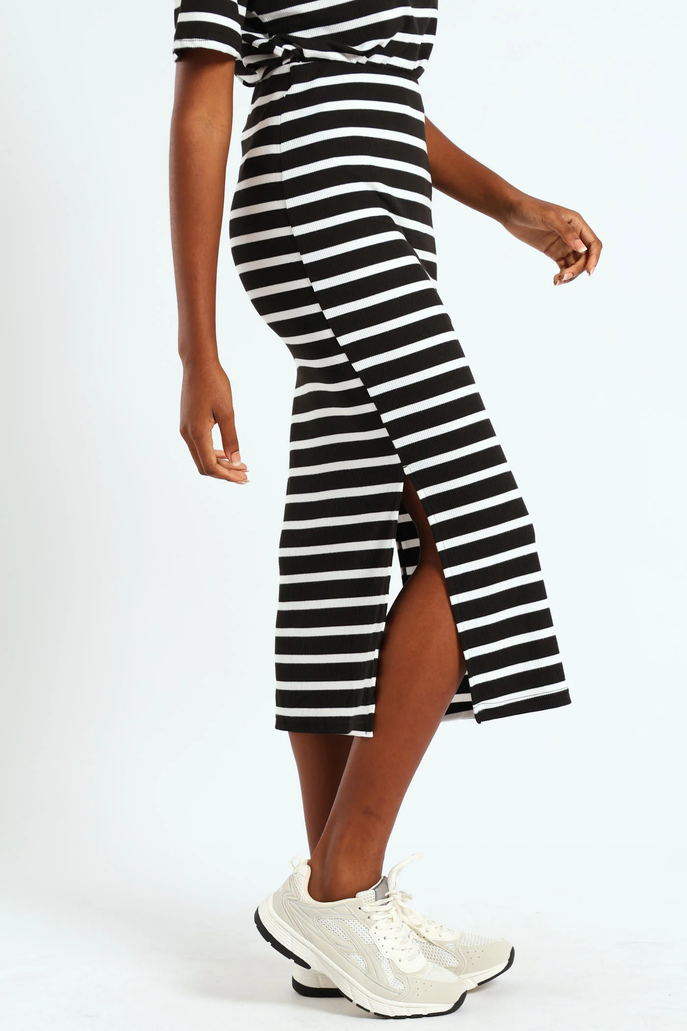 Pull On Ribbed Stripe Tube Midi Skirt - Black/Cream - Image 3