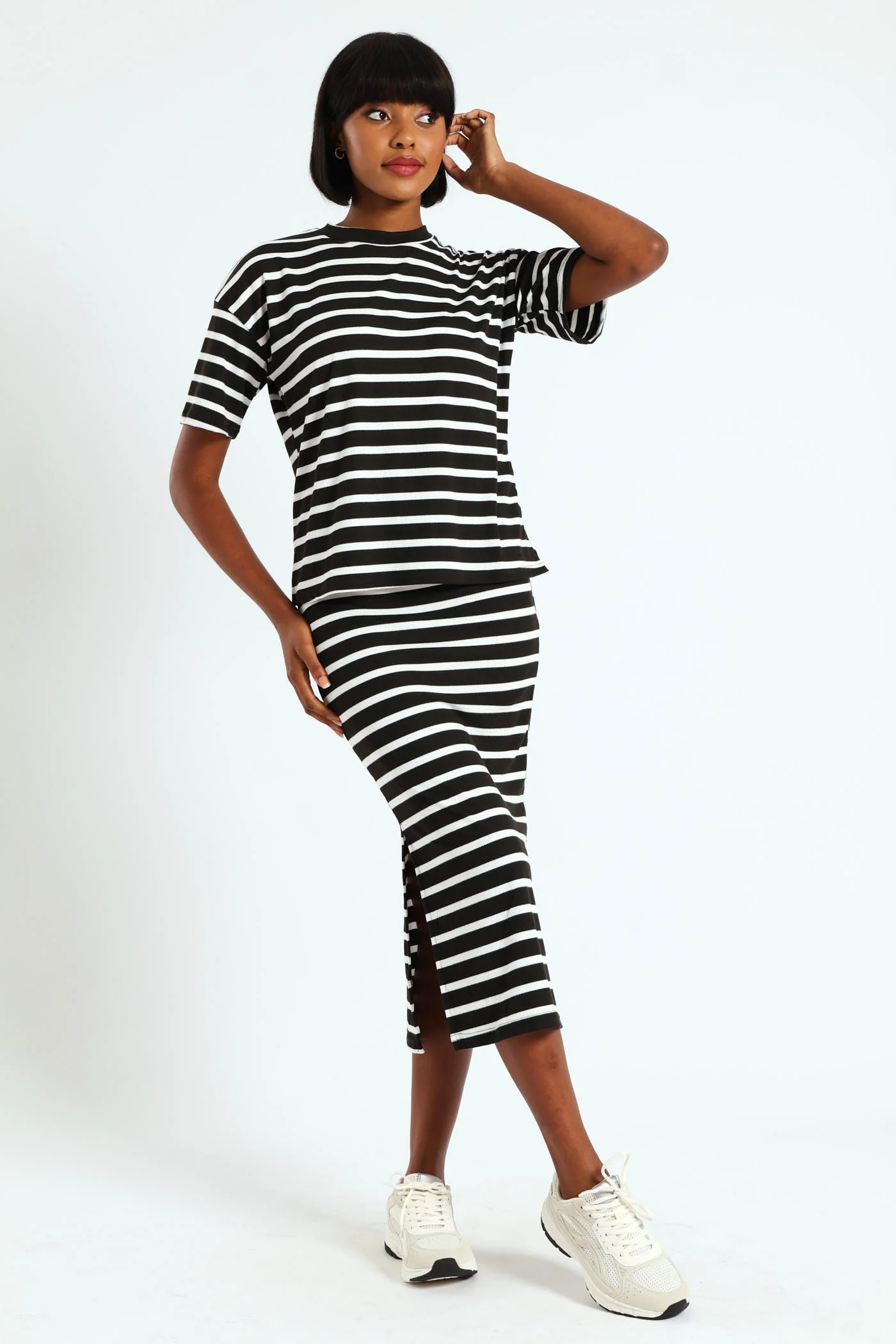 Pull On Ribbed Stripe Tube Midi Skirt - Black/Cream - Image 5
