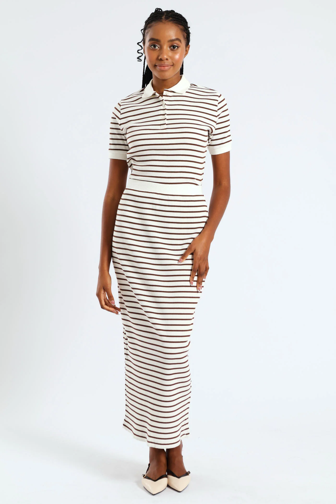 Pull On Striped Rib Midi Skirt - White/Mocha - Image 2