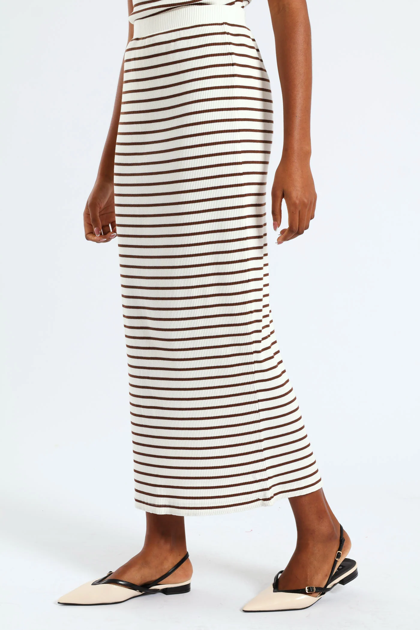 Pull On Striped Rib Midi Skirt - White/Mocha - Image 3