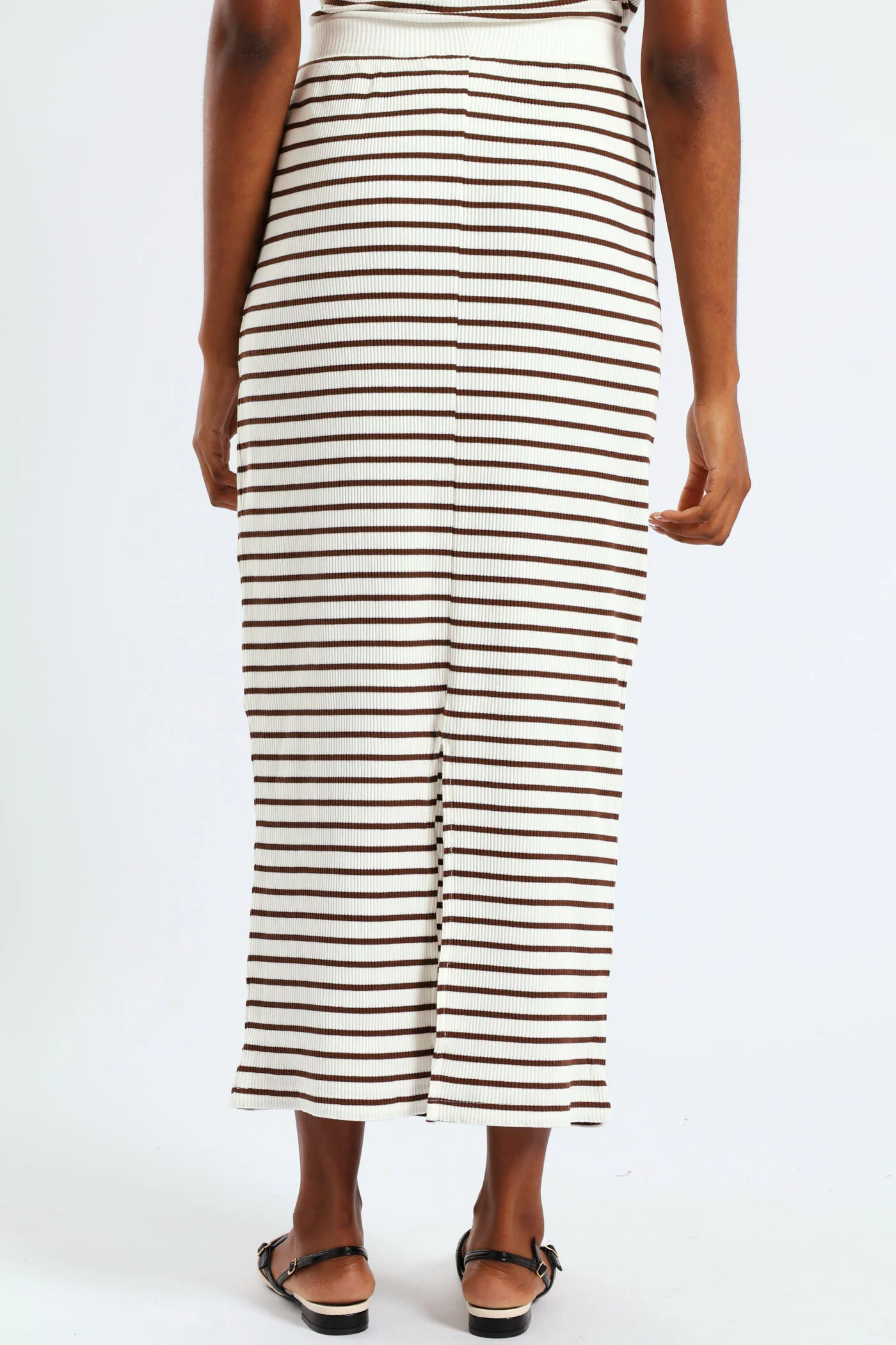 Pull On Striped Rib Midi Skirt - White/Mocha - Image 4