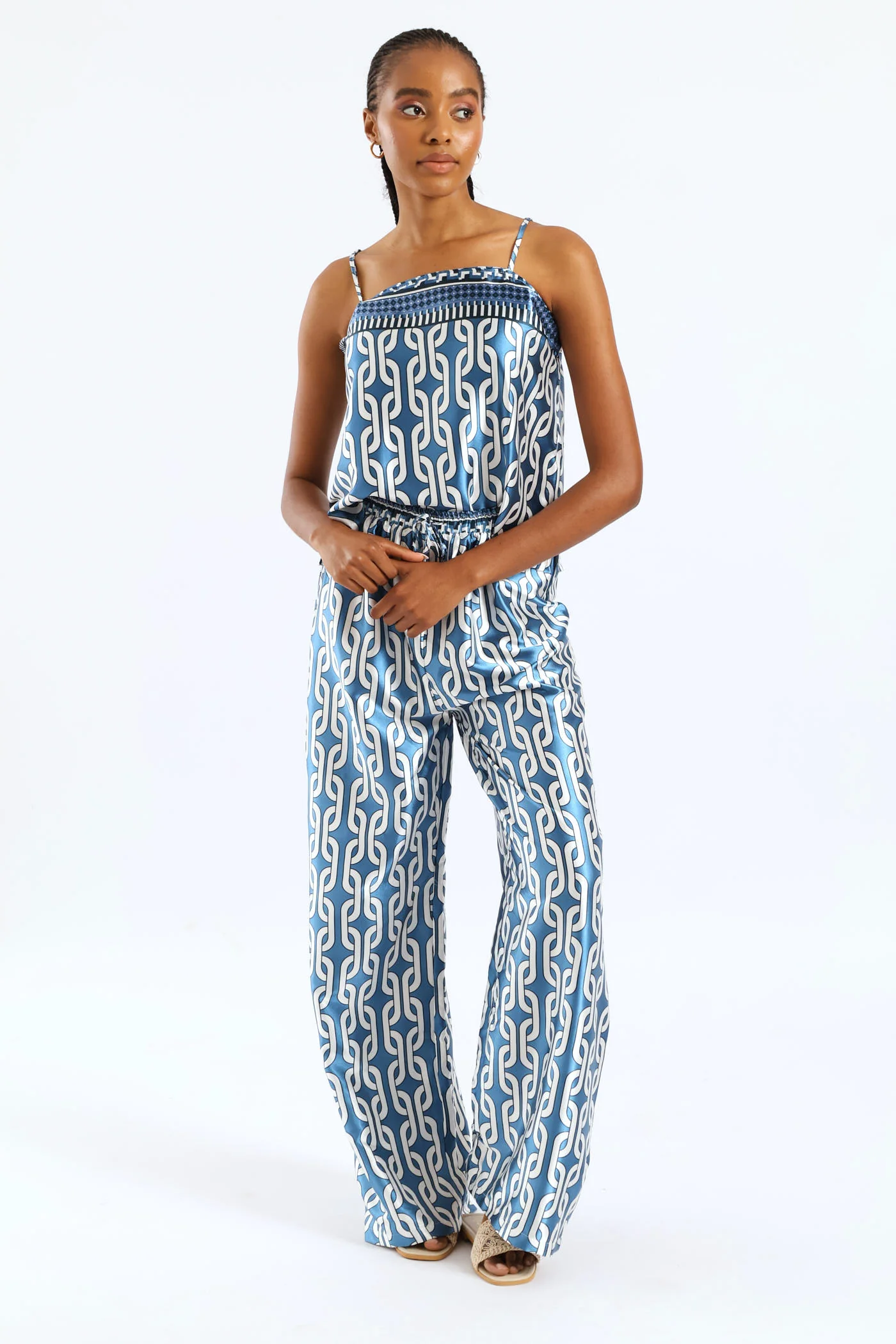 Pull-On Toggle Paperbag Wideleg Satin Pant - White/Blue - Image 2