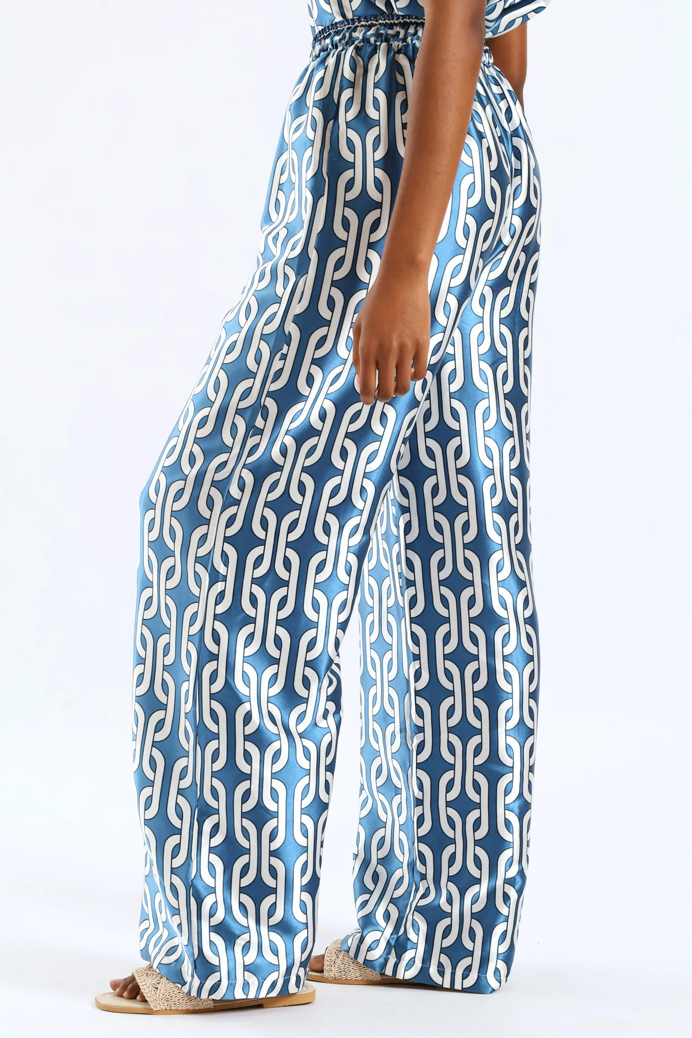 Pull-On Toggle Paperbag Wideleg Satin Pant - White/Blue - Image 3