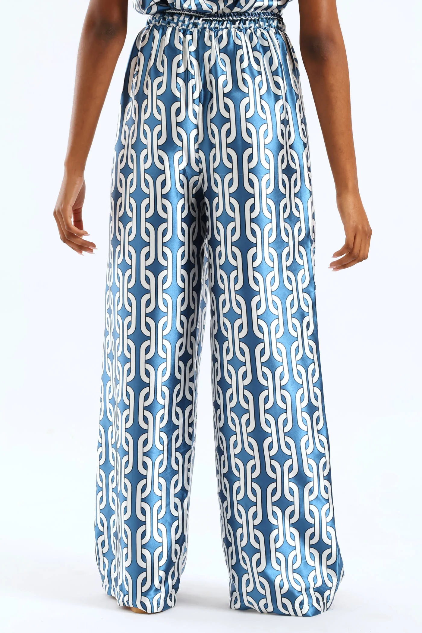 Pull-On Toggle Paperbag Wideleg Satin Pant - White/Blue - Image 4
