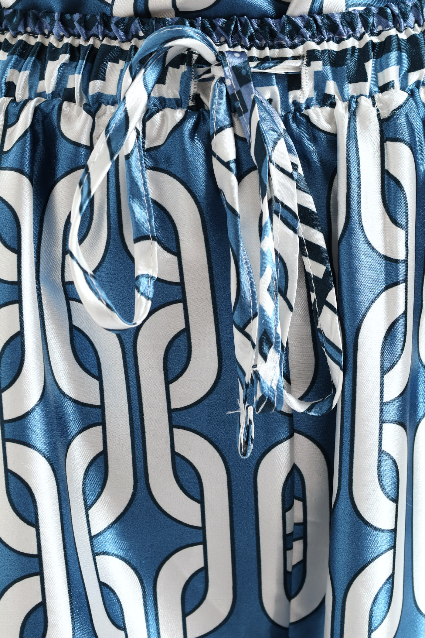 Pull-On Toggle Paperbag Wideleg Satin Pant - White/Blue - Image 5