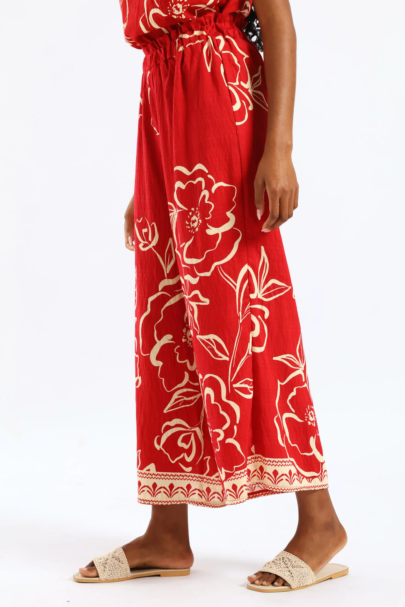 Pull-On Tropical Print Wideleg Culotte Pant - White/Red - Image 3