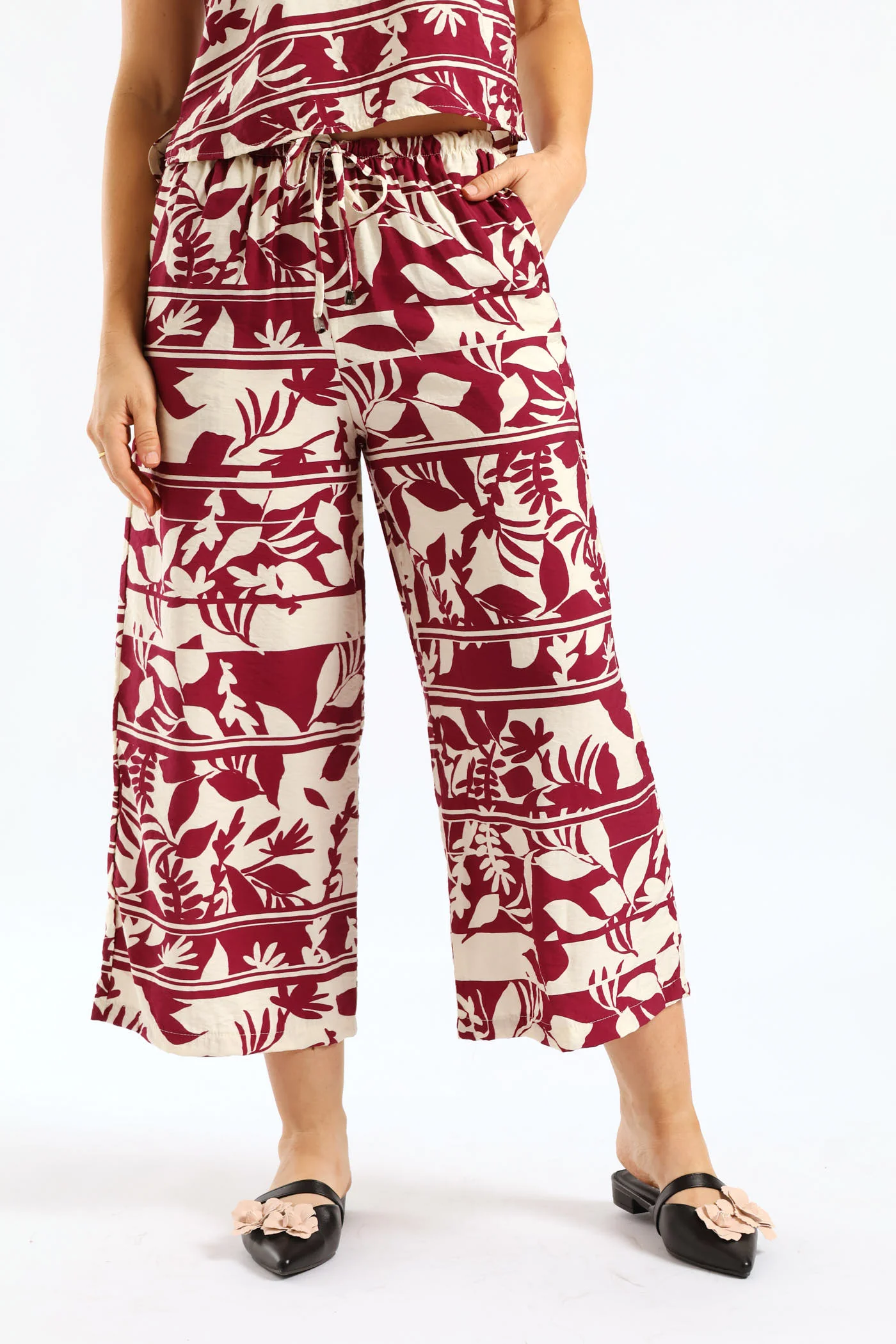 Pull-On Wideleg Culotte Pants - White/Magenta - Image 2