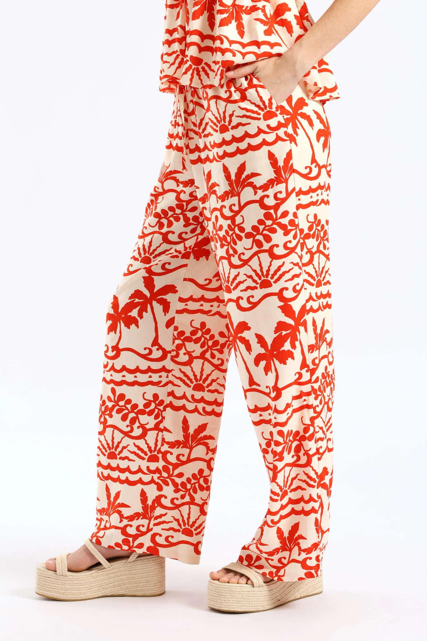 Pull-On Wideleg Pant With Ties - White/Orange - Image 3