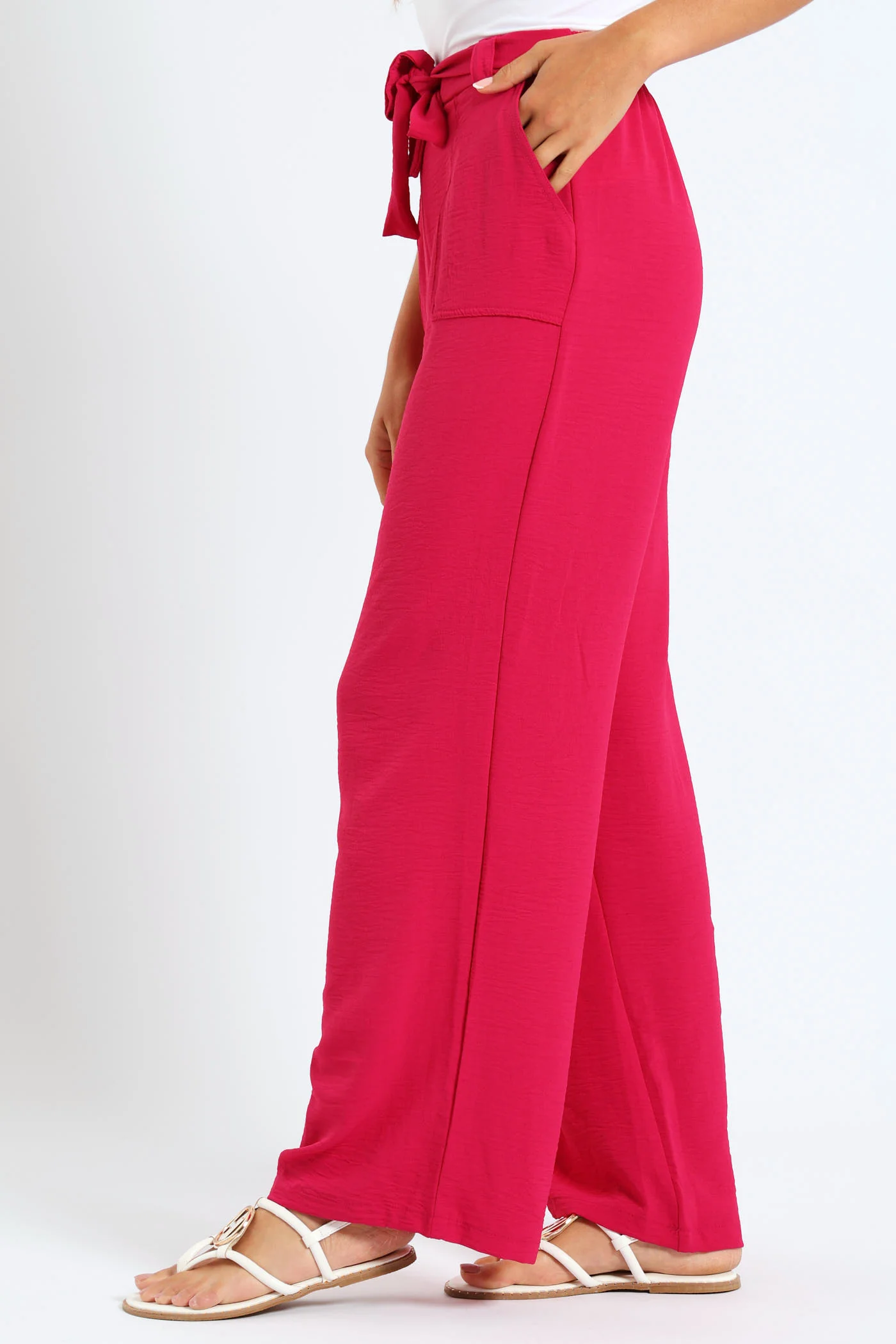 Pull-On Wideleg Pants With Mock Belt - Dark Pink - Image 2