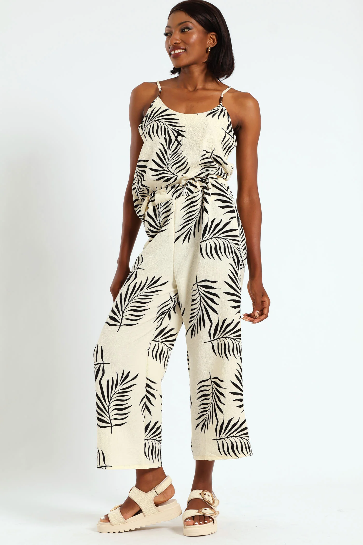 Pull On Widelg Culotte Pants - Cream/Black - Image 2
