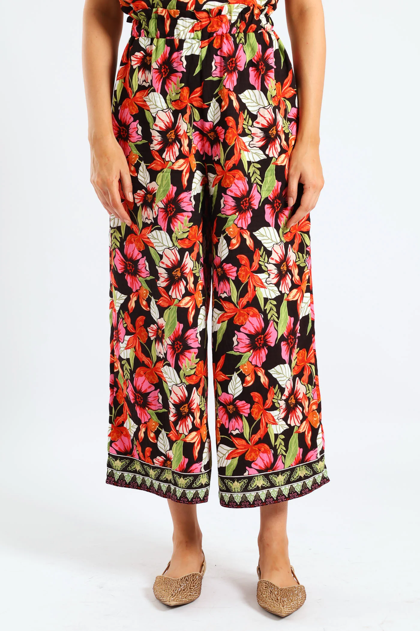 Pull On Drawstring Tropical Floral Wideleg Pant - Multi - Image 2