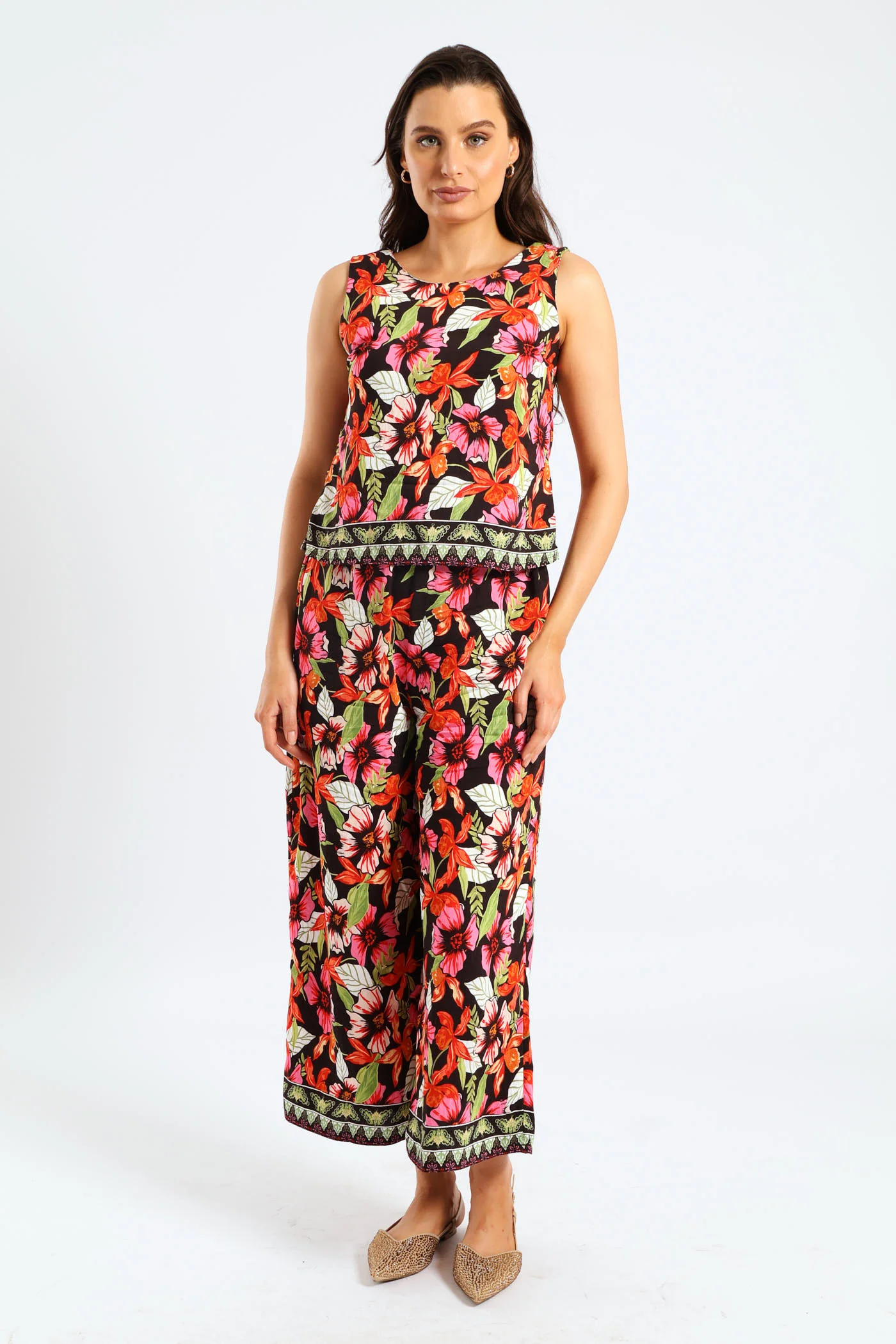 Pull On Drawstring Tropical Floral Wideleg Pant - Multi - Image 3