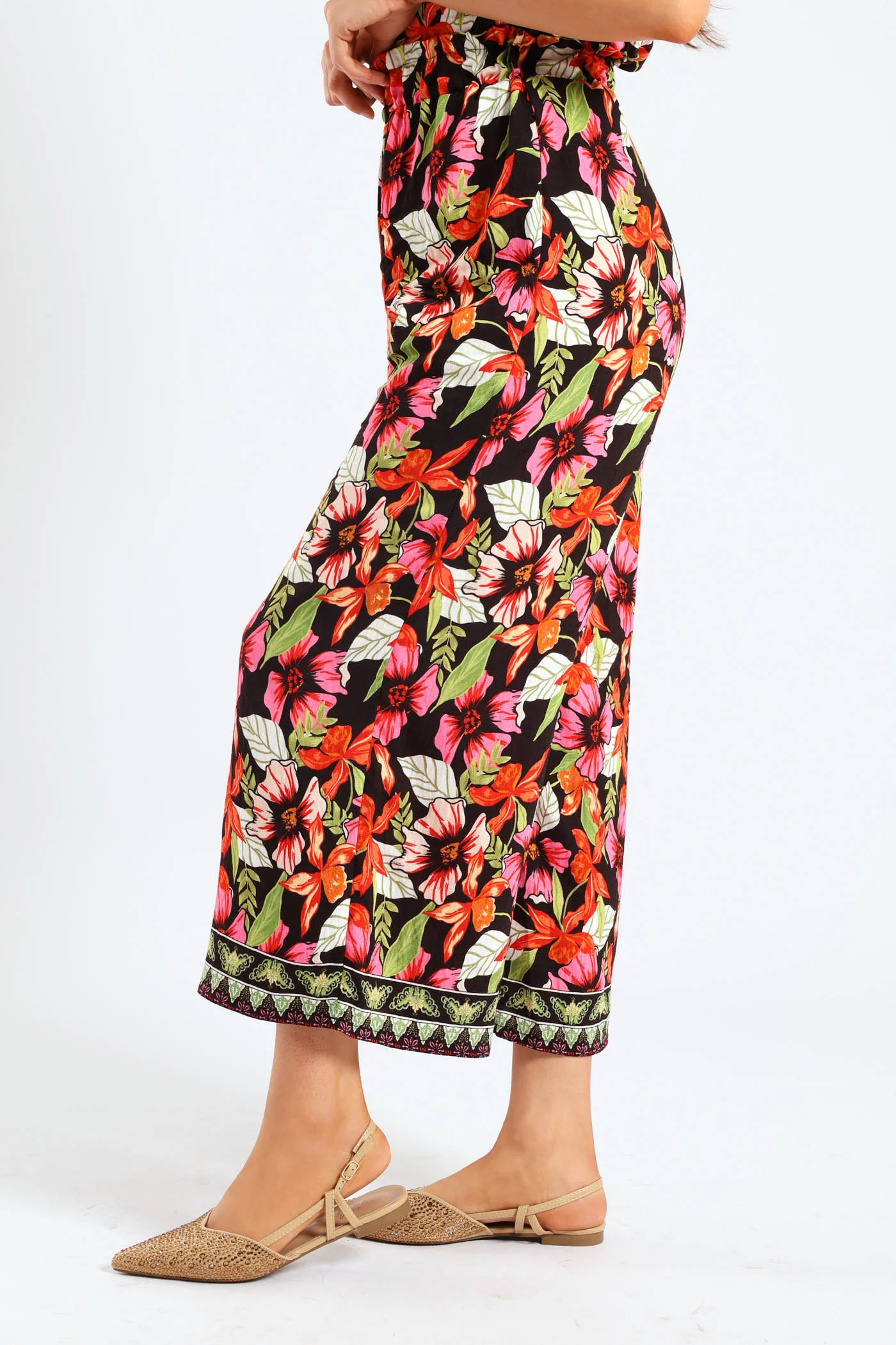 Pull On Drawstring Tropical Floral Wideleg Pant - Multi - Image 4