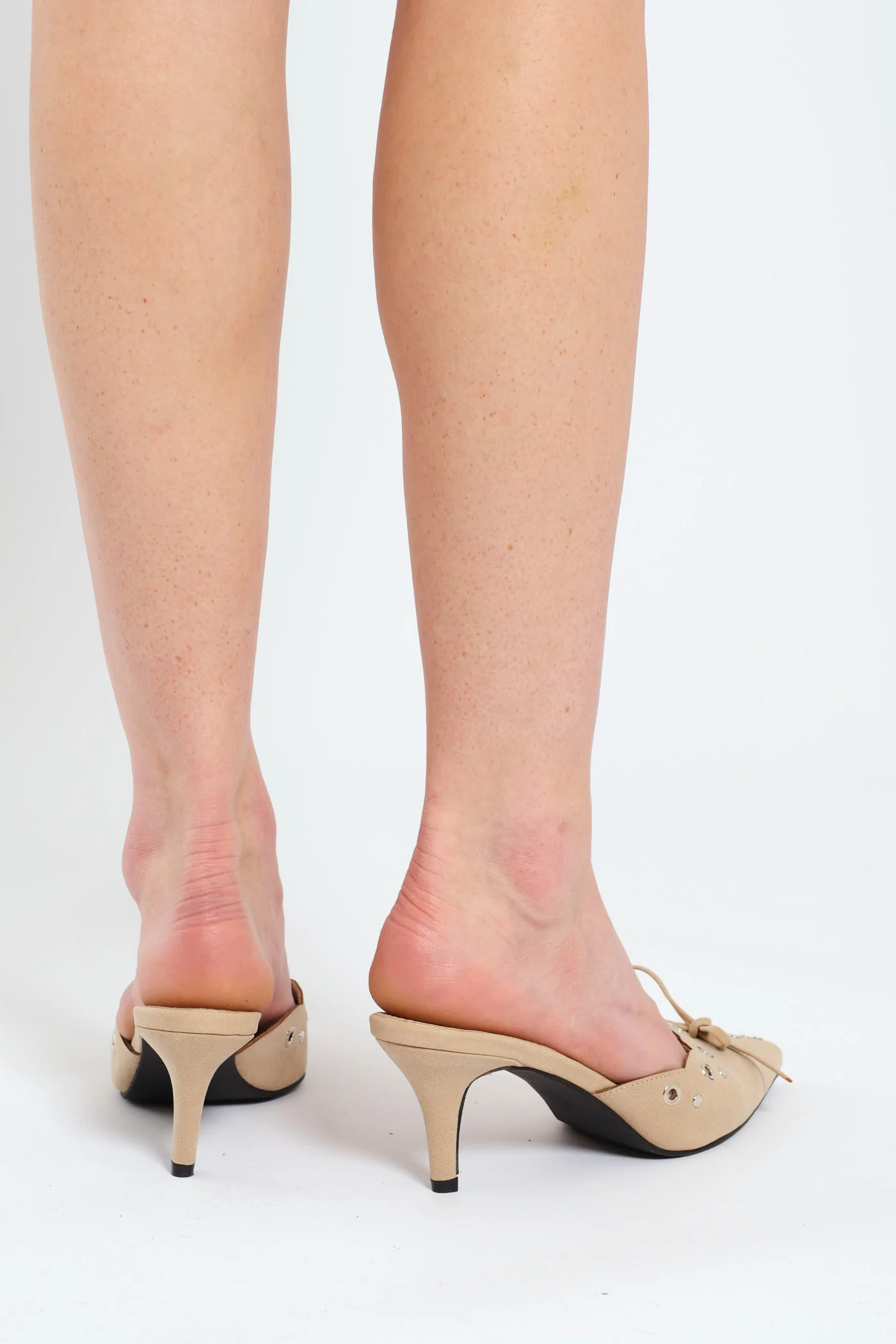 Punch Hole With Bow Slip On Kitten Heel - Beige - Image 4