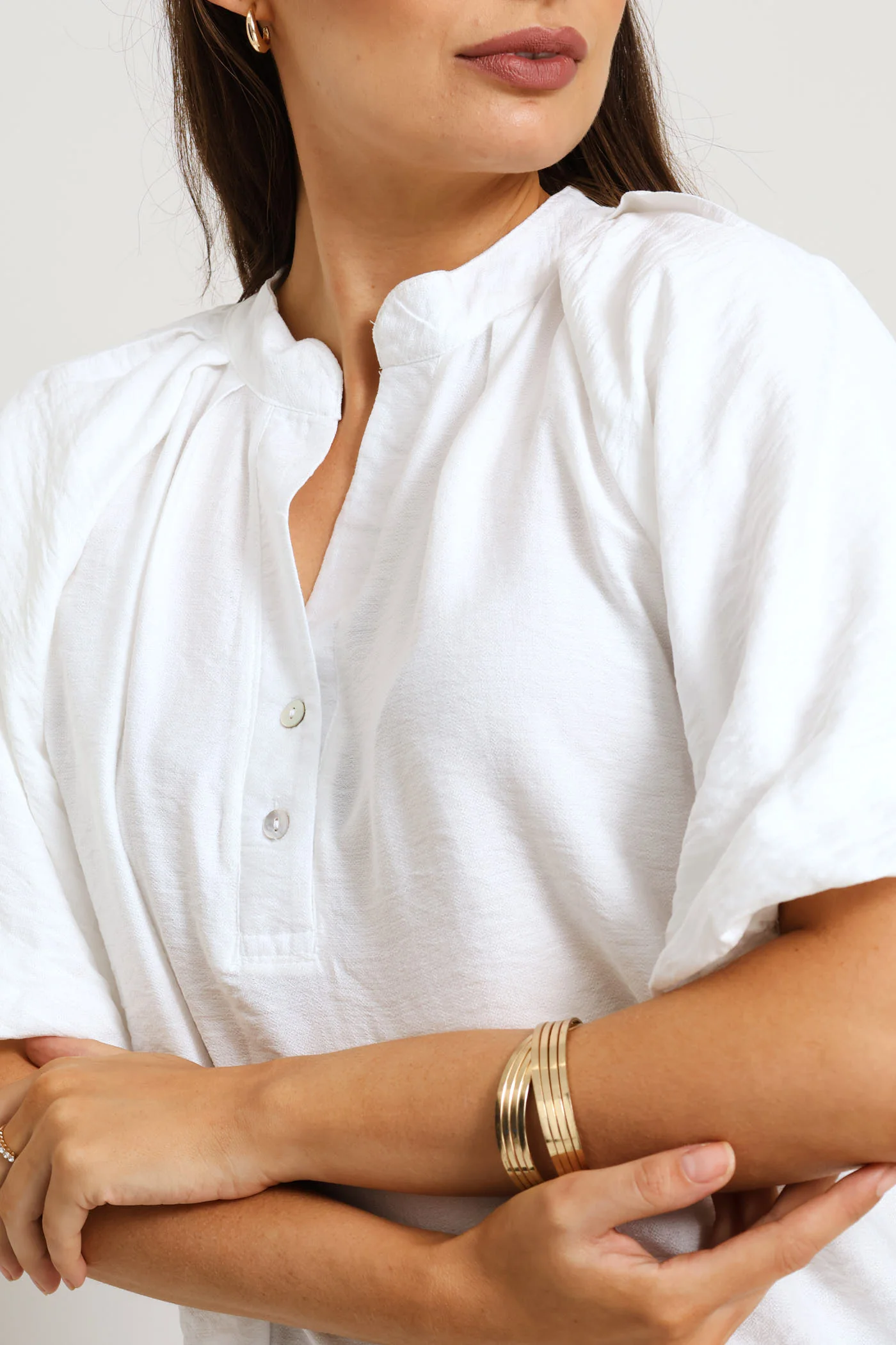 Quarter Placket Bubble Sleeve Peplum Blouse - Off White - Image 2