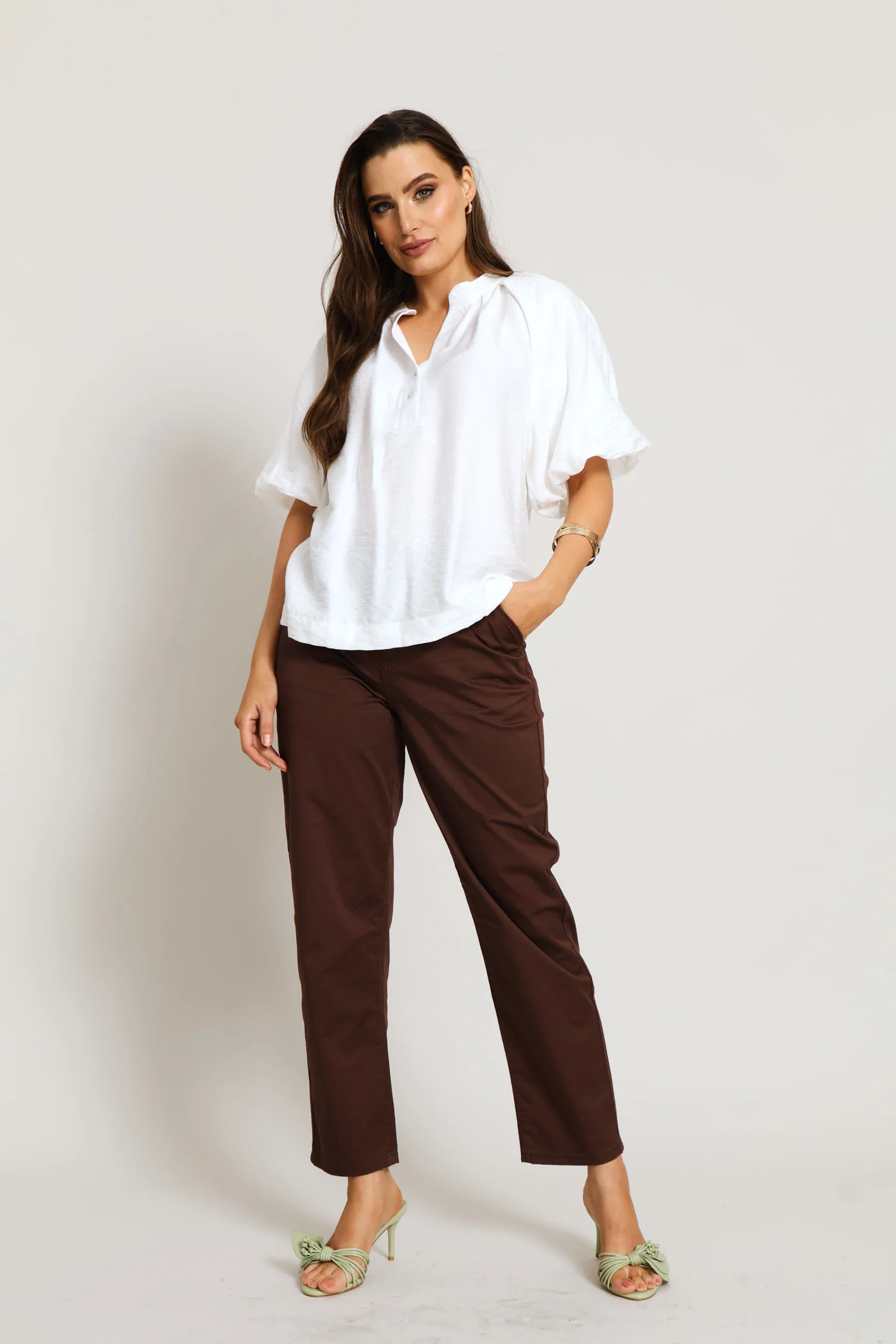 Quarter Placket Bubble Sleeve Peplum Blouse - Off White - Image 5