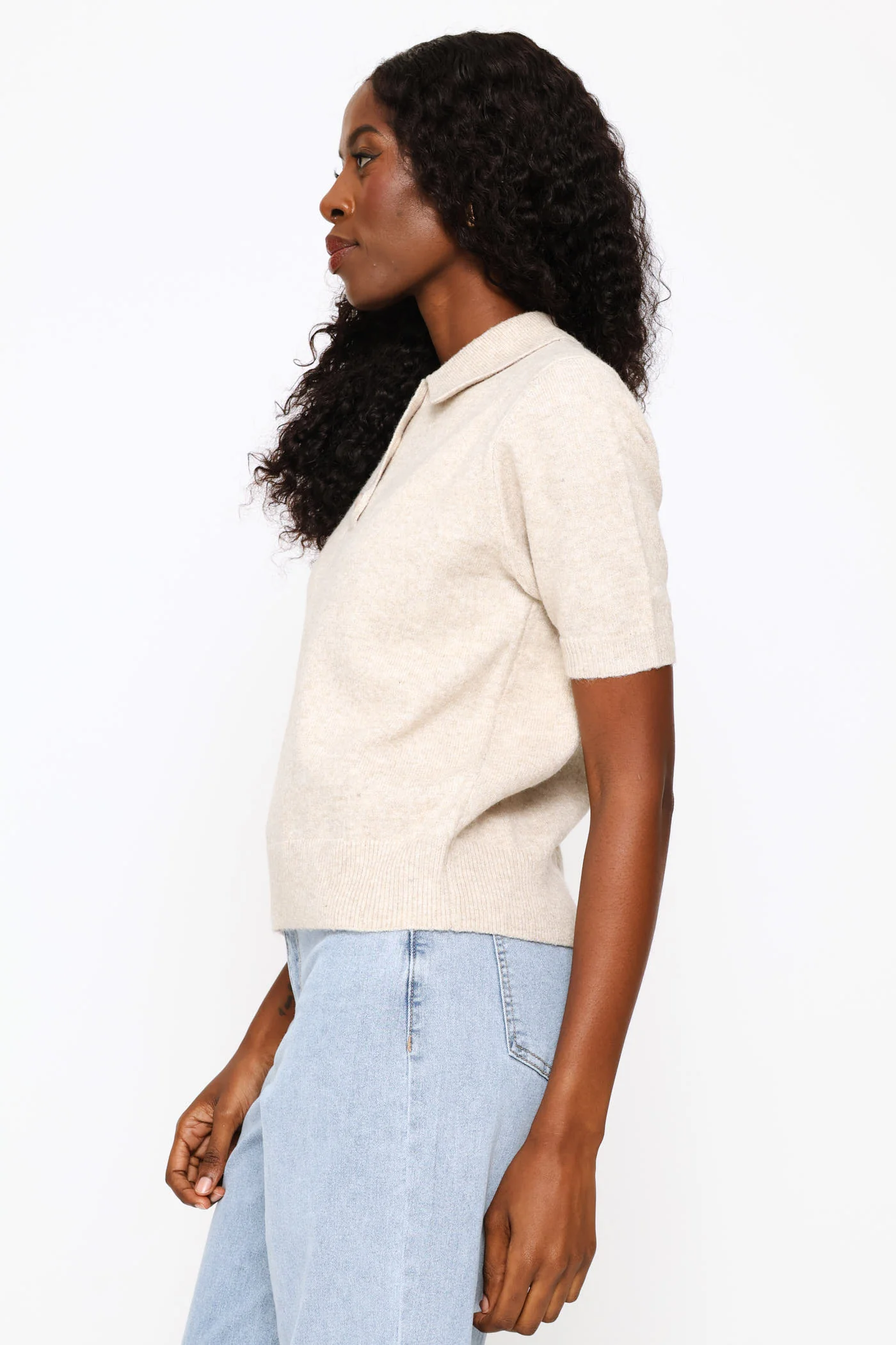 Quarter Placket Knitwear Golfer - Oatmeal Melange - Image 3