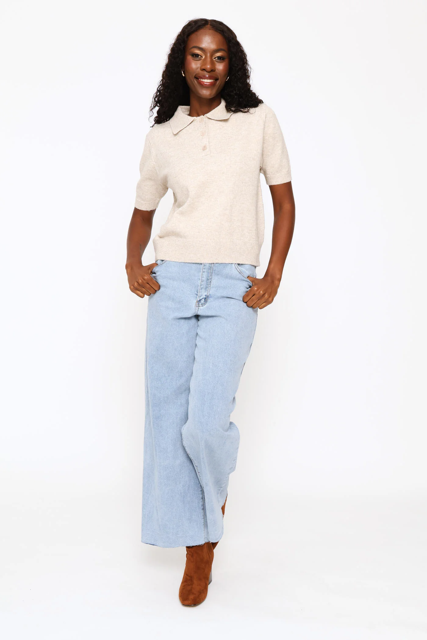 Quarter Placket Knitwear Golfer - Oatmeal Melange - Image 6