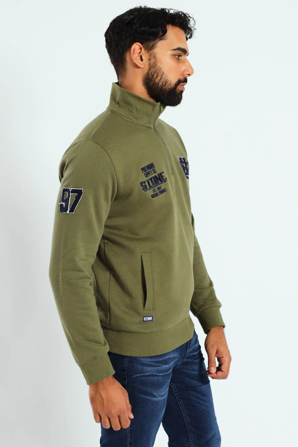 Quarter Zip Badge Sweat Top - Fatigue - Image 2