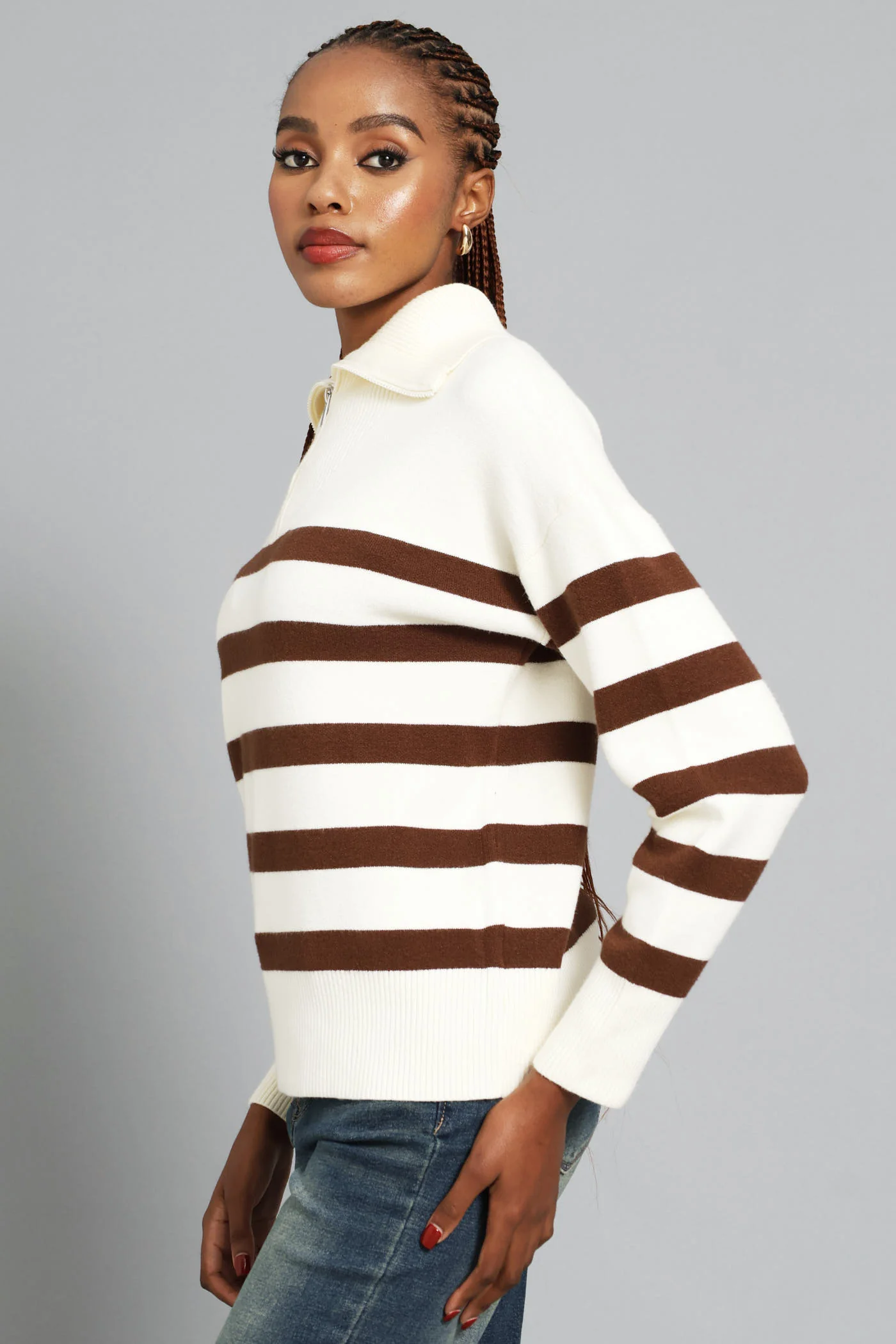 Quarter Zip Funnel Neck Striped Luxe Pullover - Cream/Chocolate - Image 3