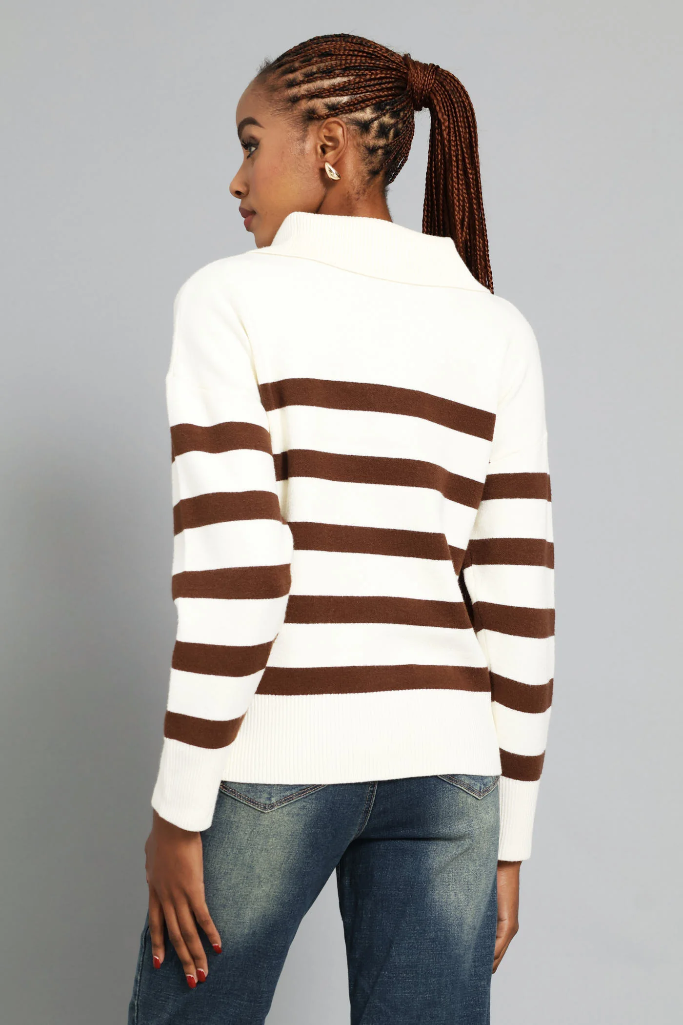 Quarter Zip Funnel Neck Striped Luxe Pullover - Cream/Chocolate - Image 4