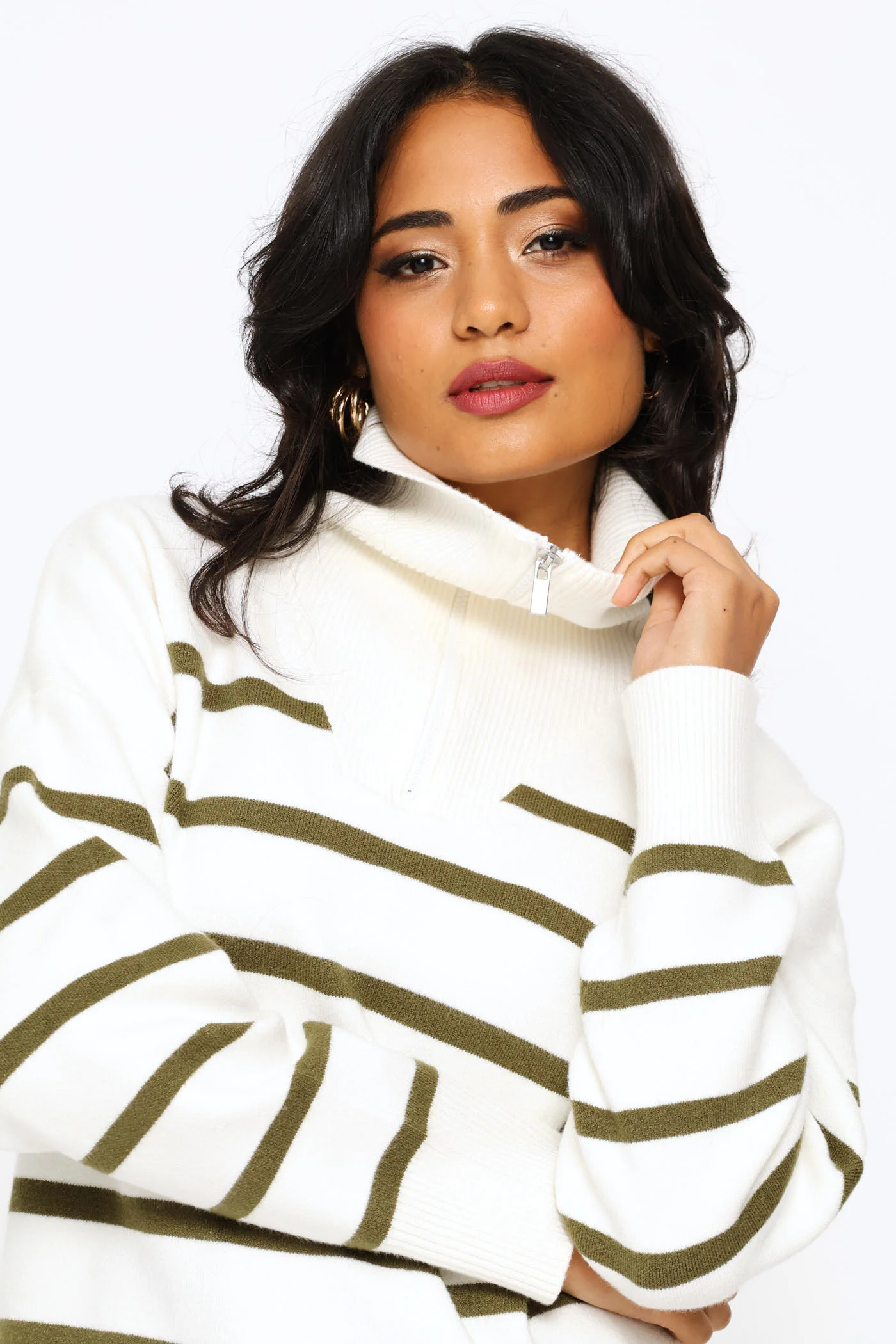 Quarter Zip Funnelneck Striped Luxe Pullover - White/Green - Image 2