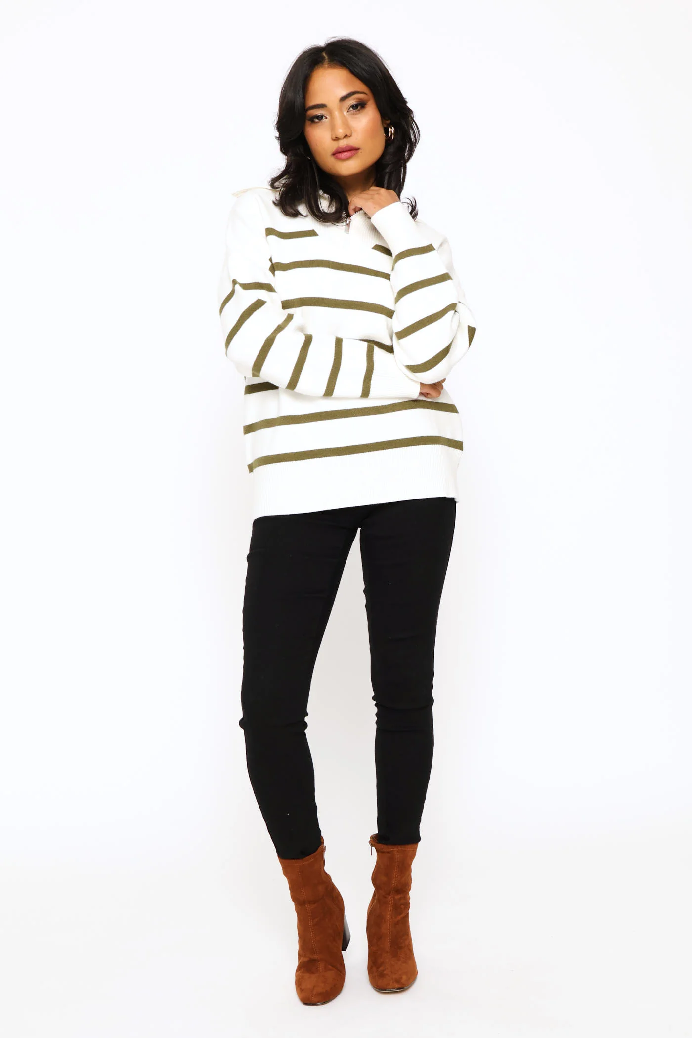 Quarter Zip Funnelneck Striped Luxe Pullover - White/Green - Image 3
