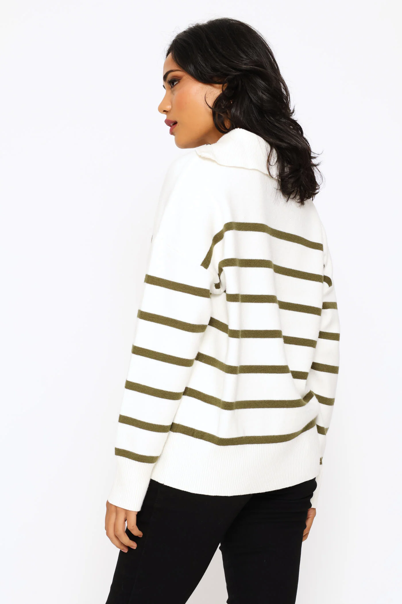 Quarter Zip Funnelneck Striped Luxe Pullover - White/Green - Image 4