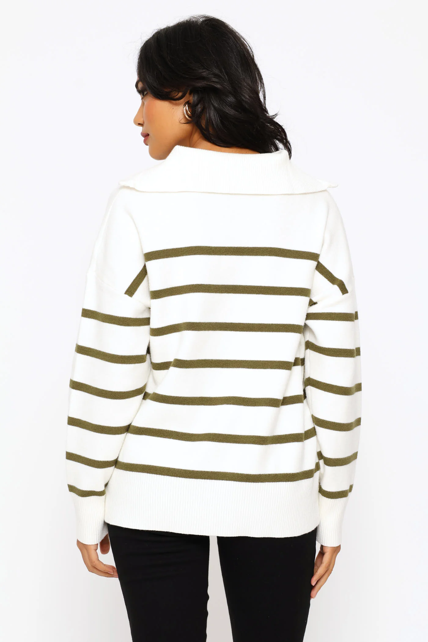 Quarter Zip Funnelneck Striped Luxe Pullover - White/Green - Image 5