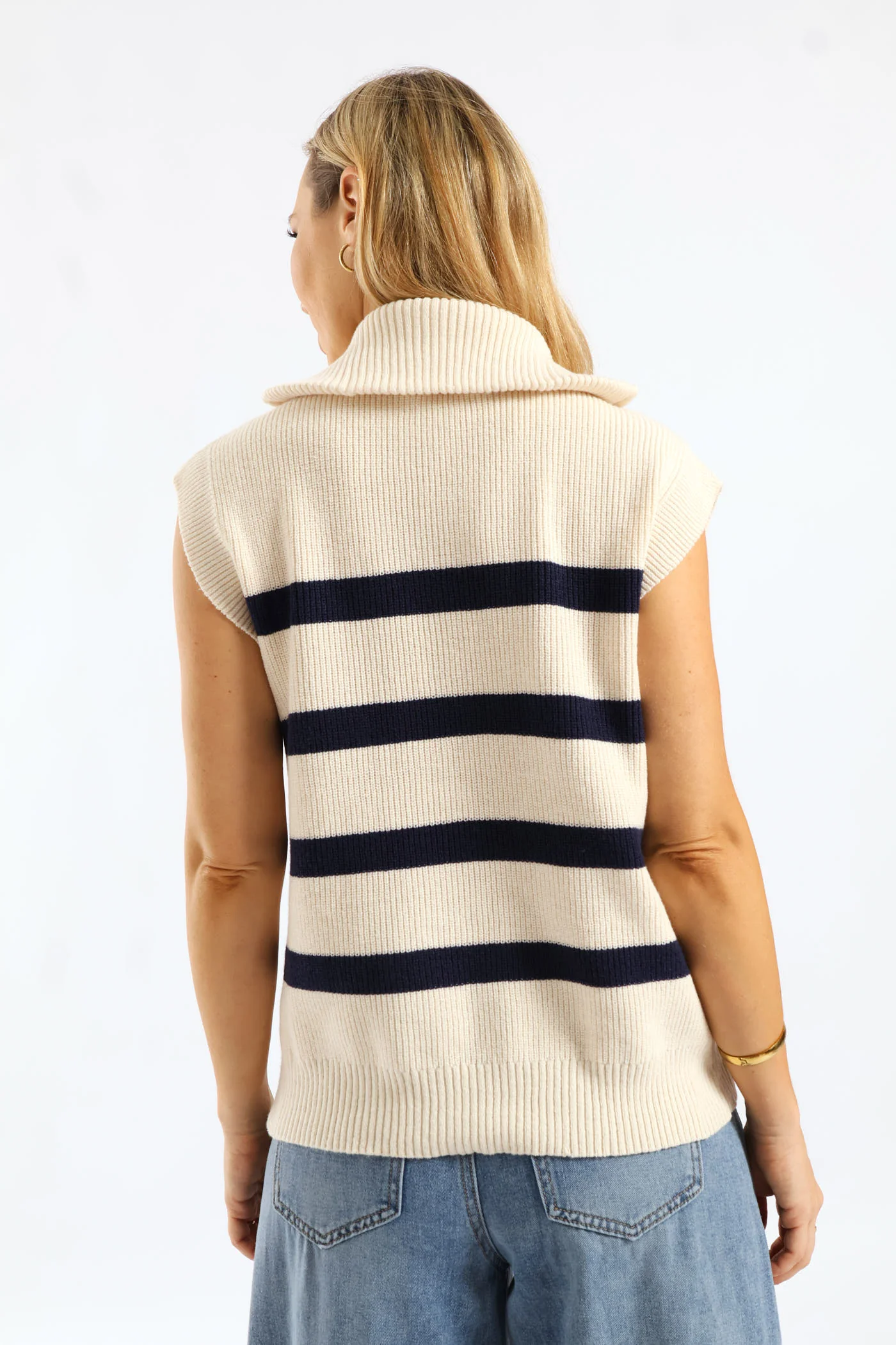 Quarter Zip Oversized Funnel Neck Knitwear Top - Cream/Navy - Image 10