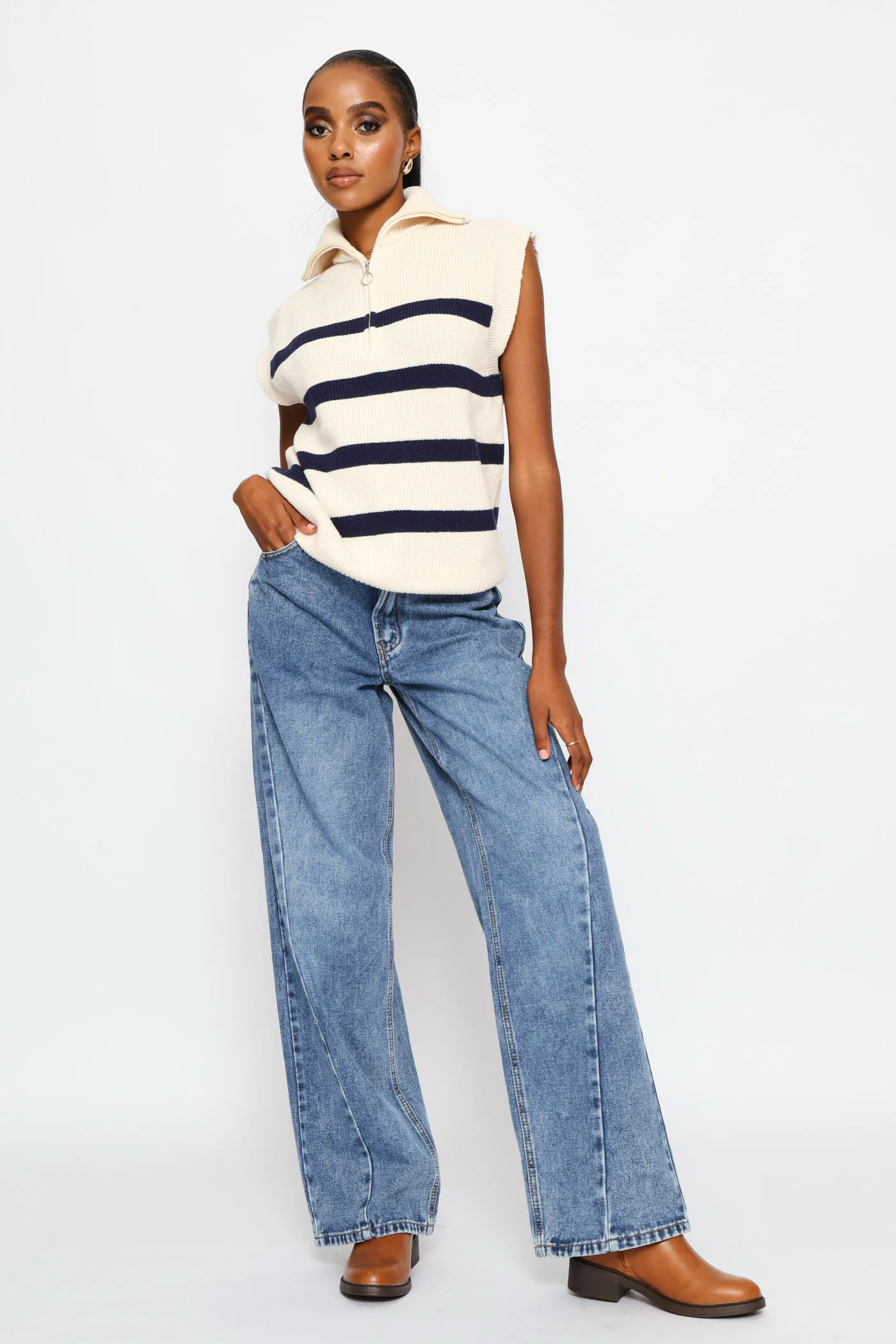 Quarter Zip Oversized Funnel Neck Knitwear Top - Cream/Navy - Image 3