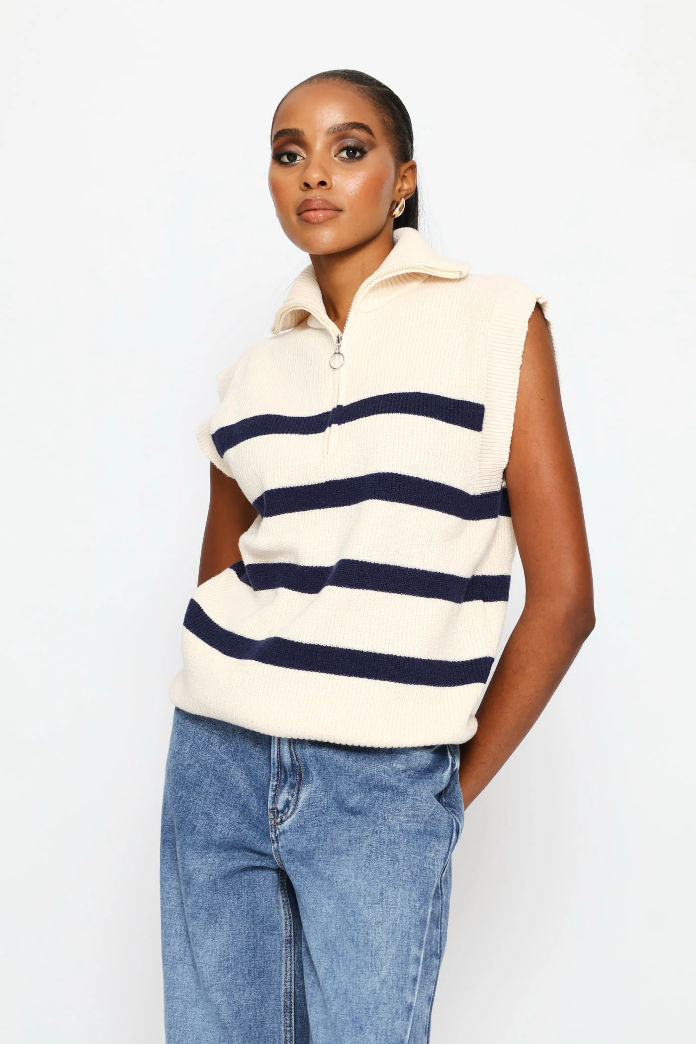 Quarter Zip Oversized Funnel Neck Knitwear Top - Cream/Navy - Image 5