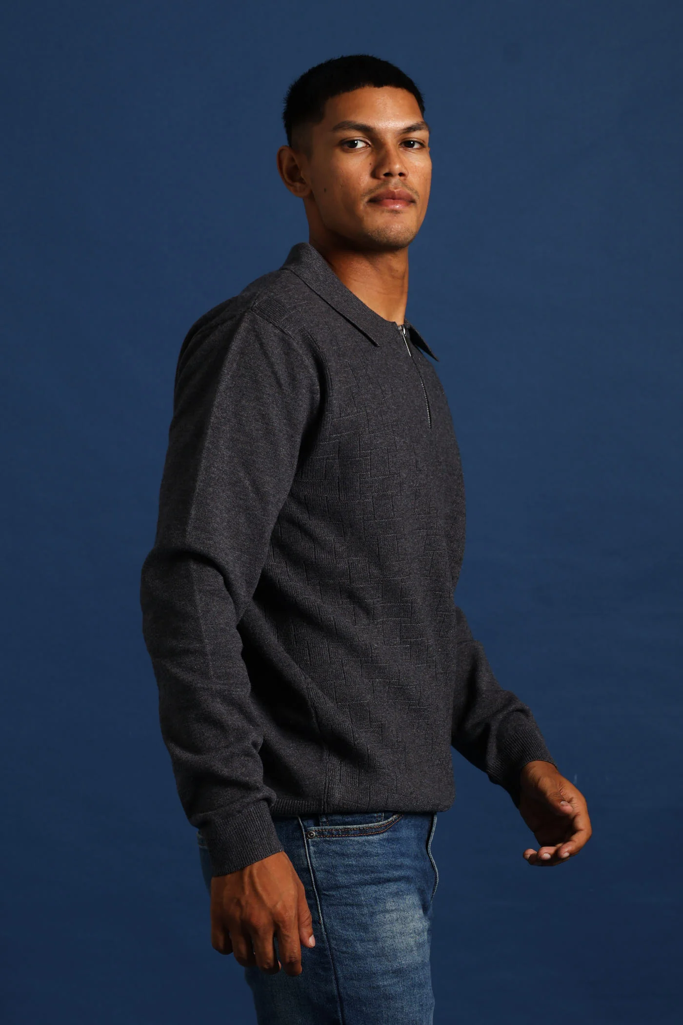 Quarter Zip Pave Fine Gauge Knitwear - Charcoal Melange - Image 2