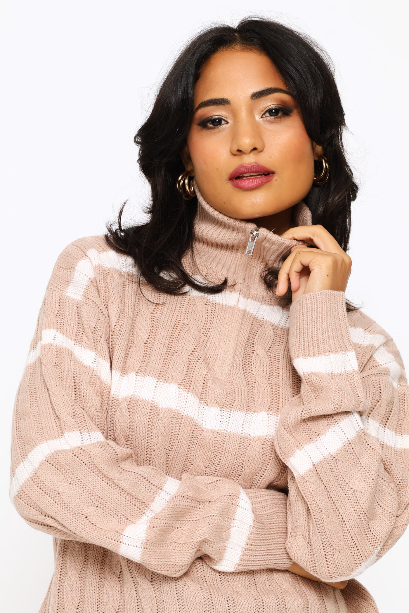 Quater Zip Funnel Neck Cable Knitwear - Stone/White - Image 2