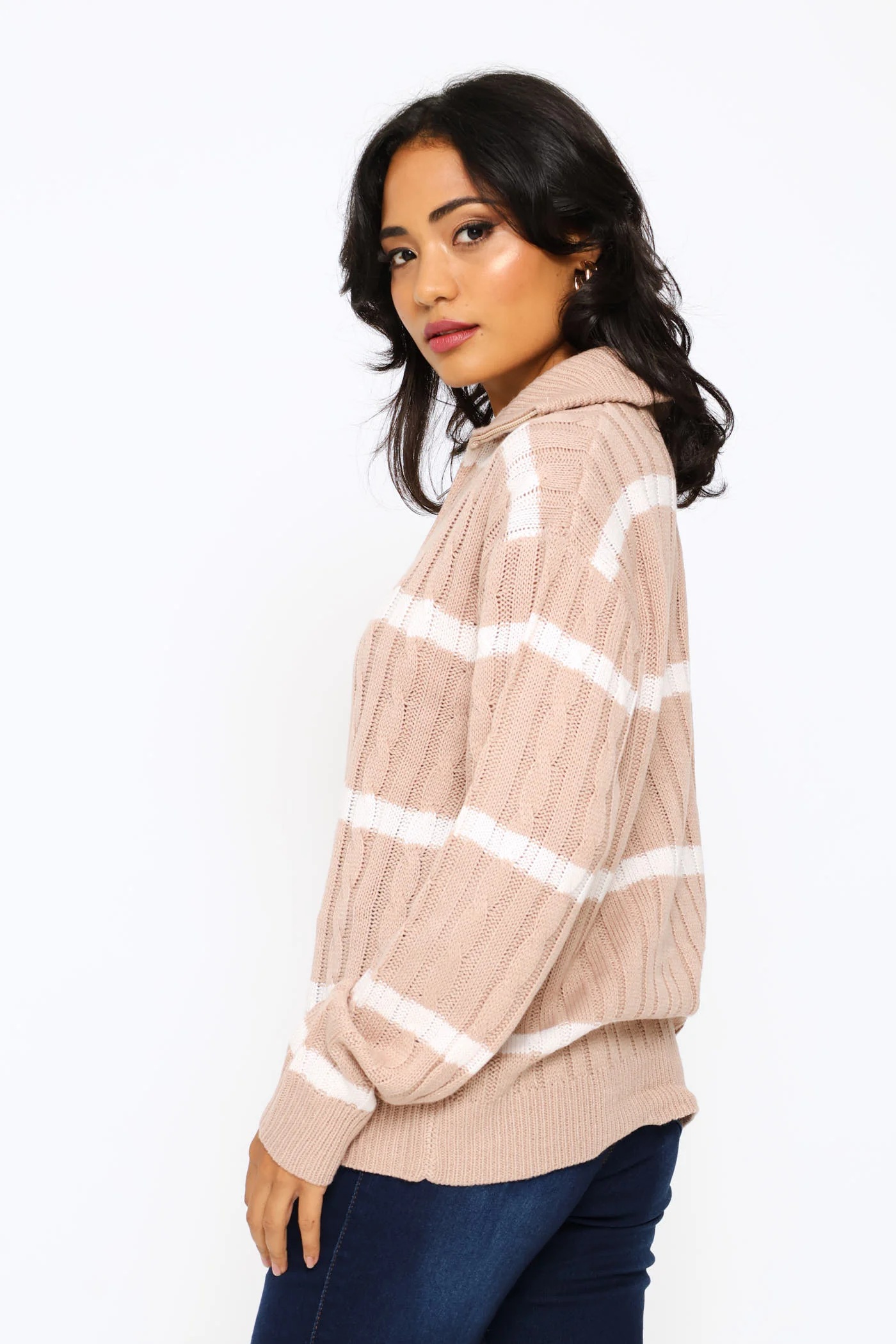 Quater Zip Funnel Neck Cable Knitwear - Stone/White - Image 3