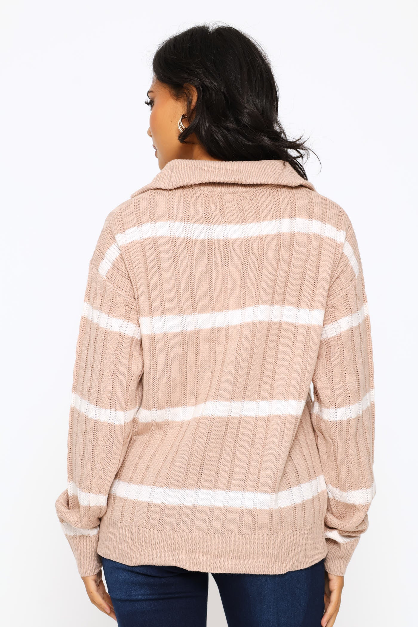 Quater Zip Funnel Neck Cable Knitwear - Stone/White - Image 4