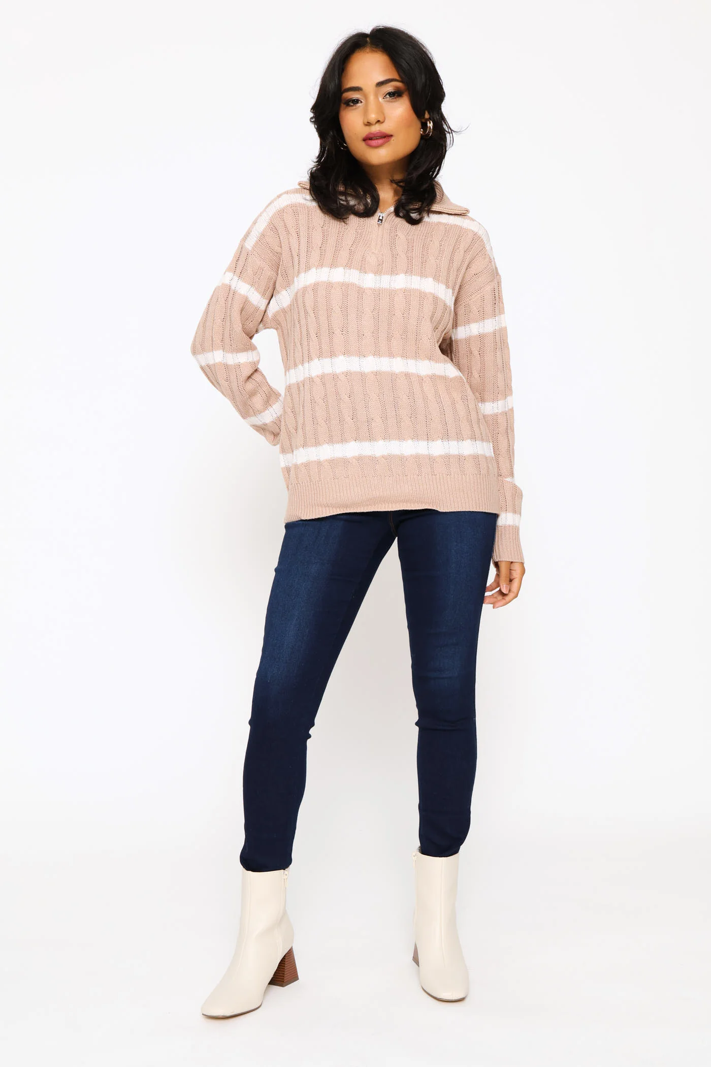 Quater Zip Funnel Neck Cable Knitwear - Stone/White - Image 5