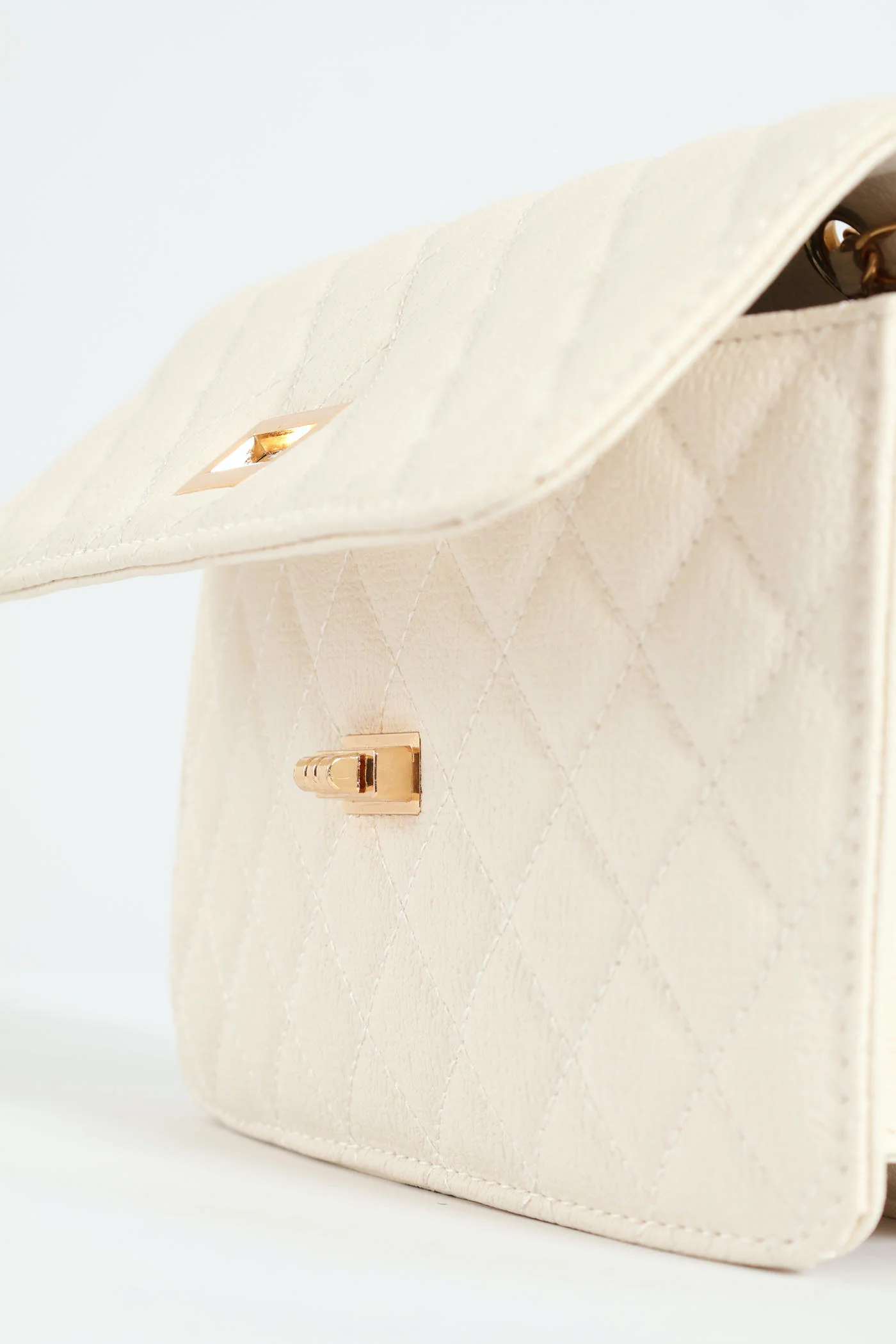 Quilted Chain Satchel Bag - Cream - Image 4
