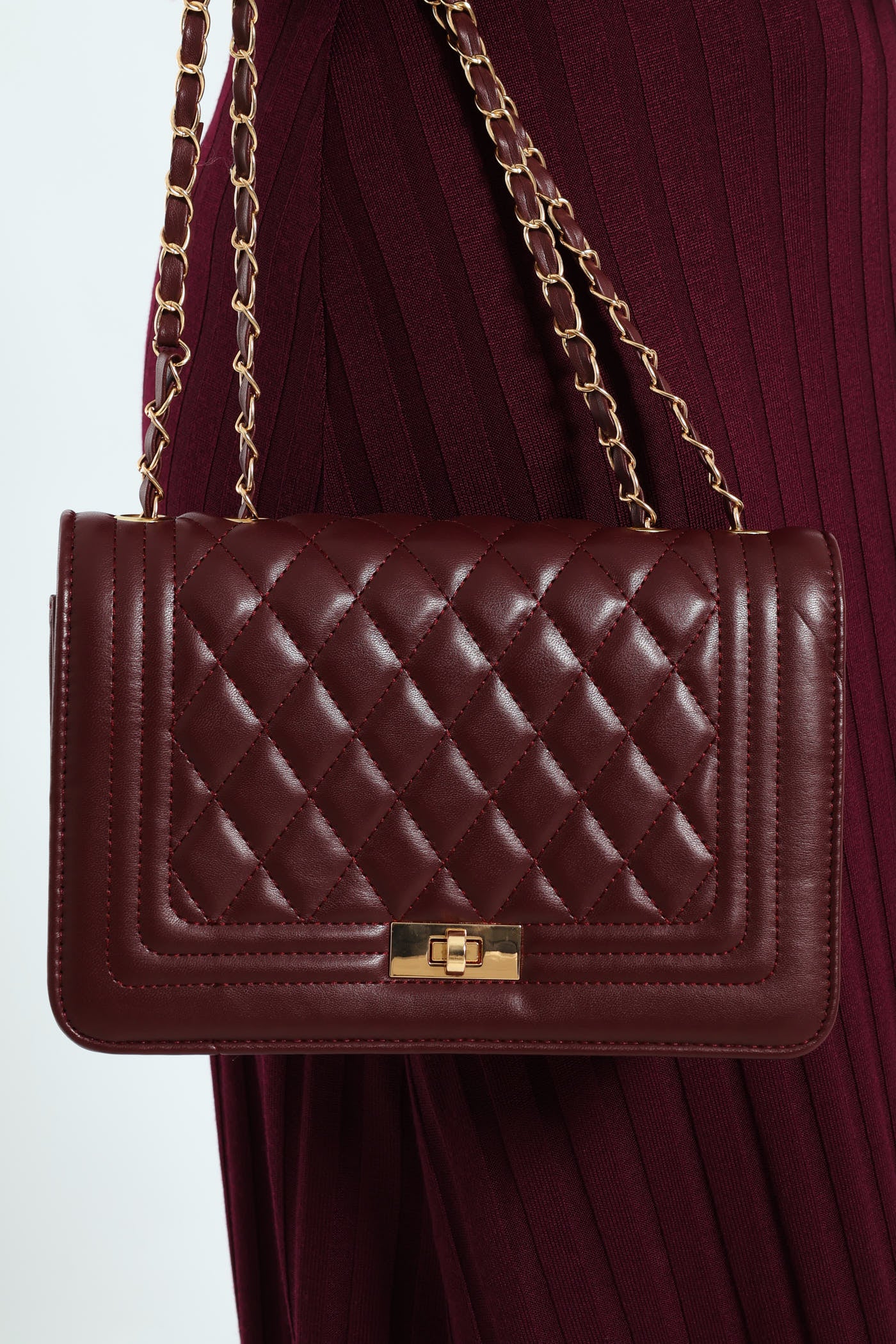 Quilted Chain Satchel - Wine - Image 2