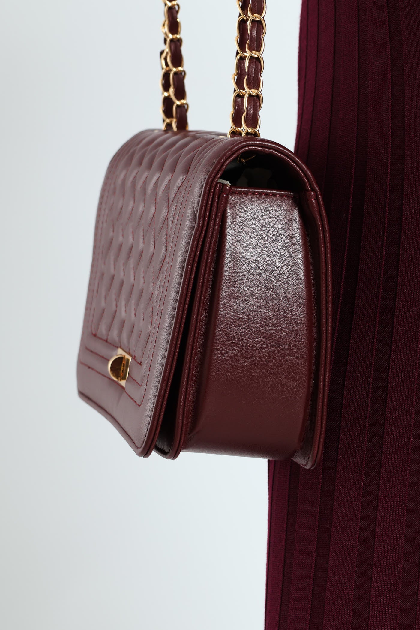 Quilted Chain Satchel - Wine - Image 3