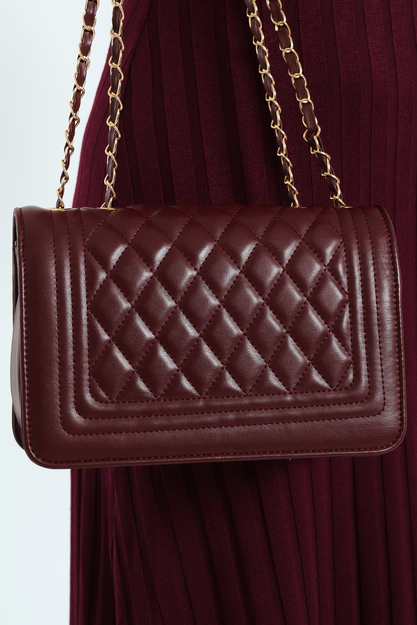 Quilted Chain Satchel - Wine - Image 5