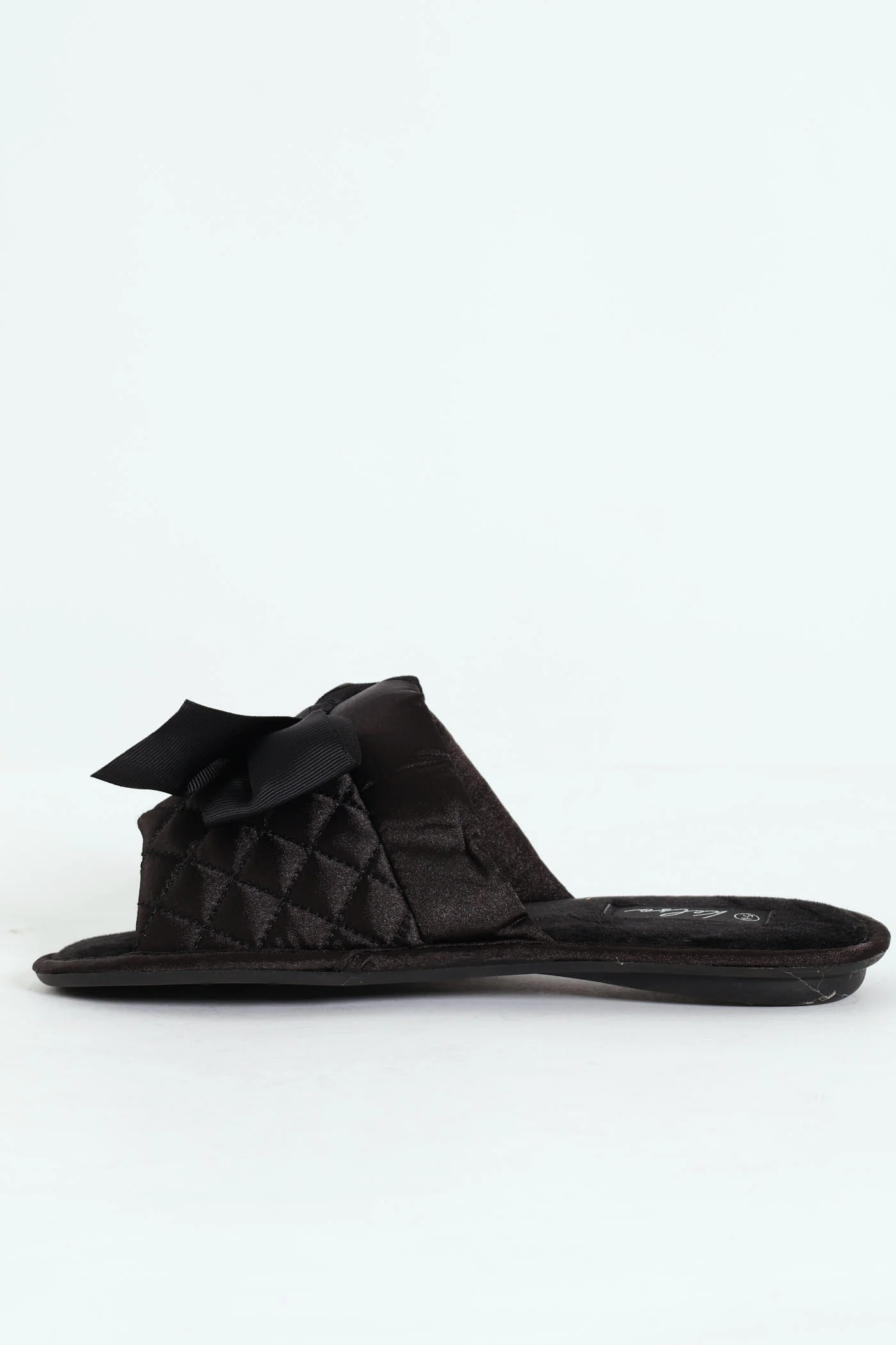Quilted Open Toe Slipper With Petersham Bow - Black - Image 3