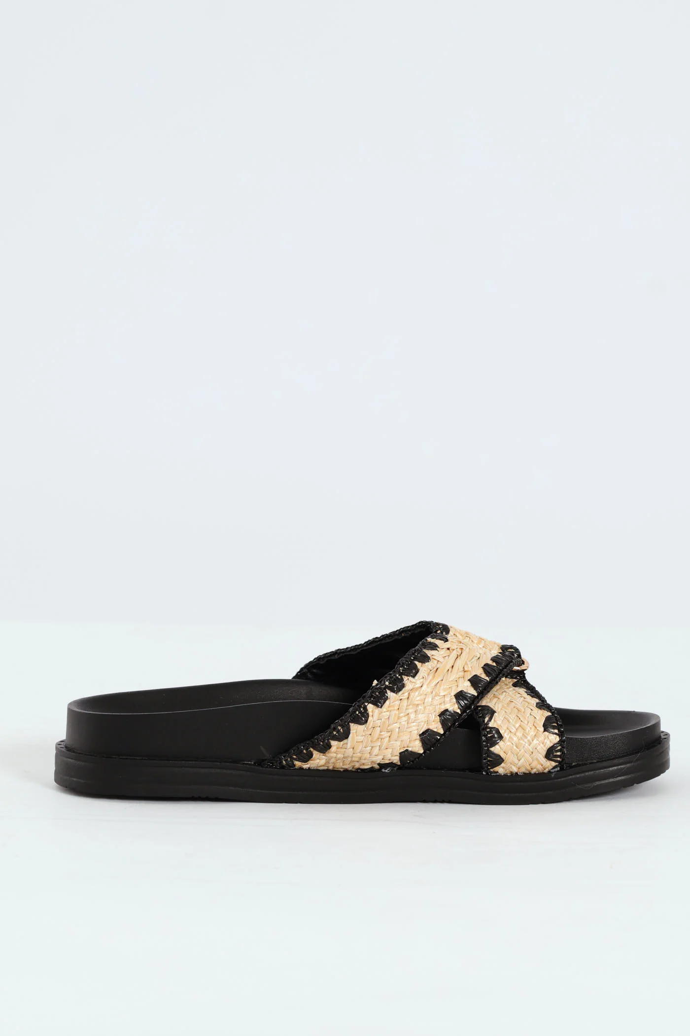Raffia Crosstrap Mule Sandal On Molded Footbead - Black/Beige - Image 3