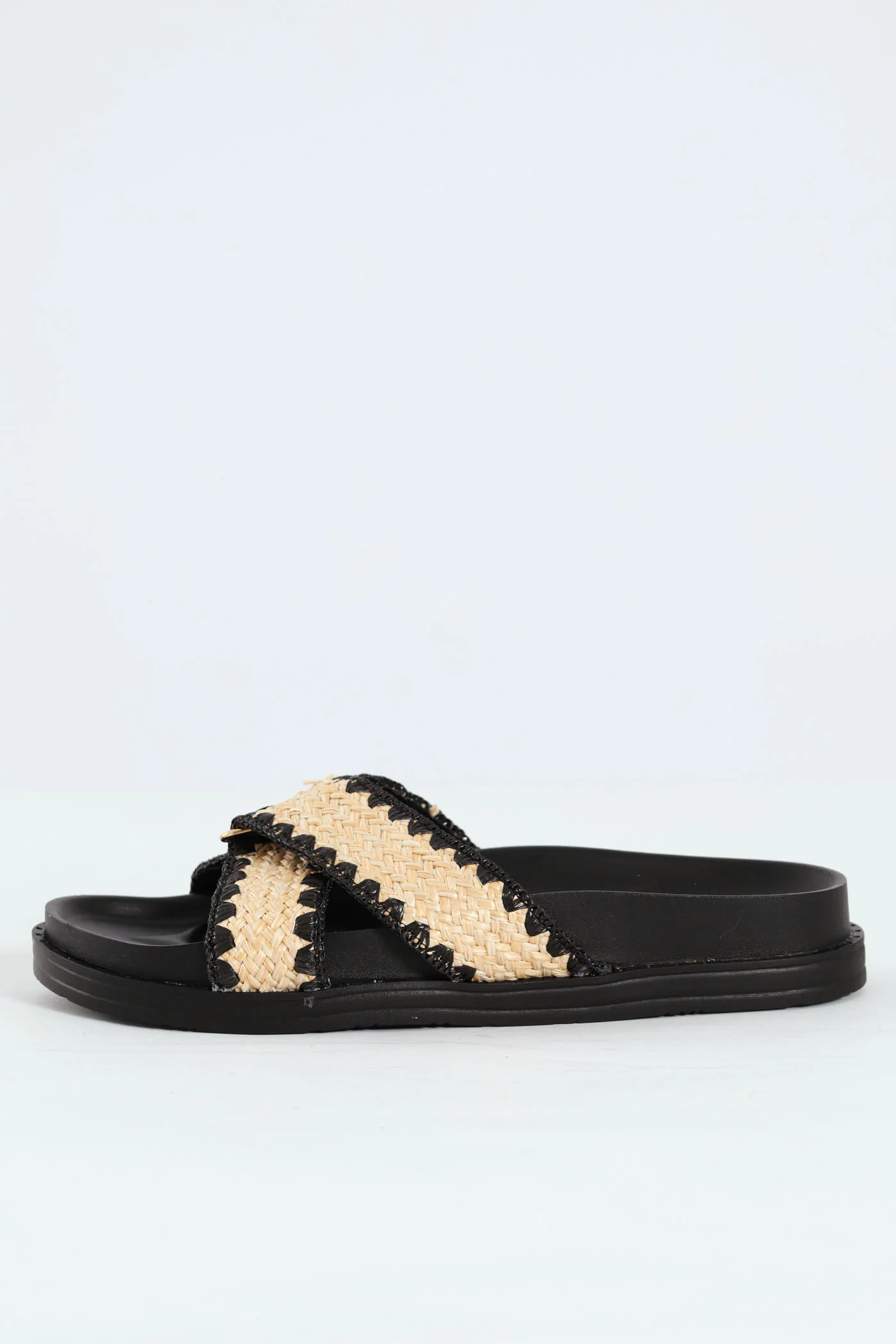Raffia Crosstrap Mule Sandal On Molded Footbead - Black/Beige - Image 4